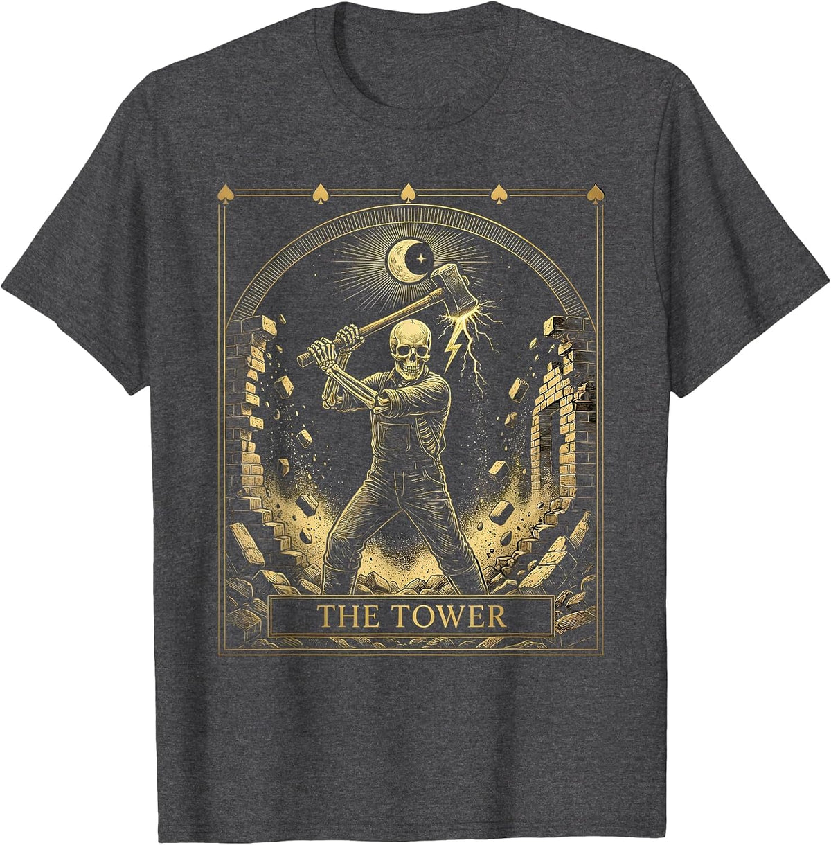Men's The Tower Mystic Celestial Tarot Card Skeleton Demolition T-Shirt - Dark Heather Grey
