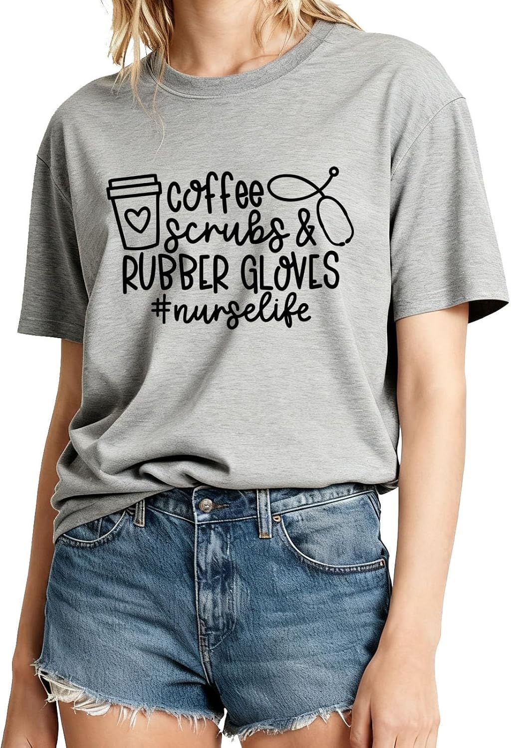 Nurse Life Shirt for Women Coffee Scrubs and Rubber Gloves Short Sleeve Casual T-Shirt RN Nursing Summer Tees Top - Grey