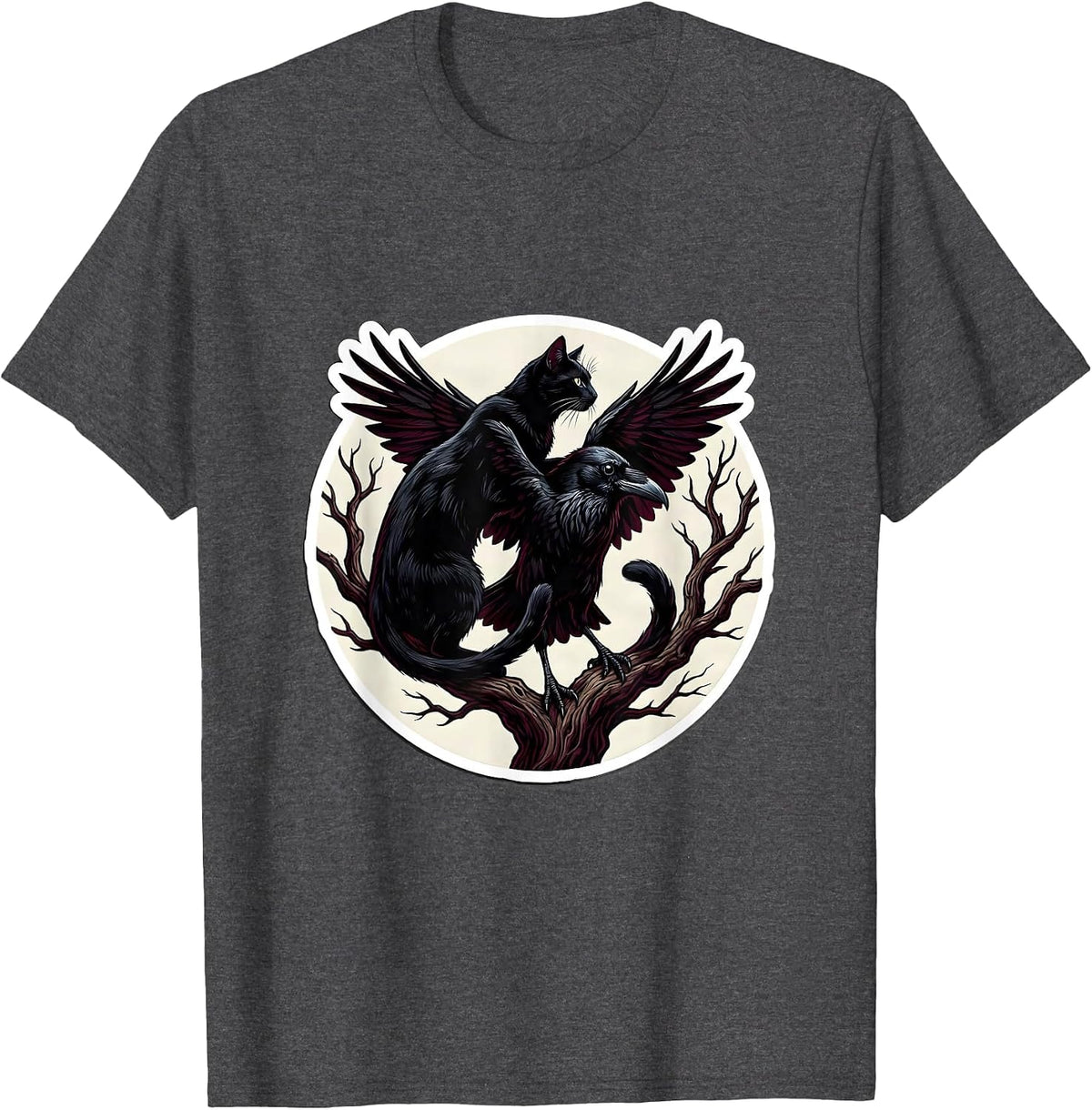 Black Cat and Raven Tangled on Bare Branch T-Shirt - Dark Heather Grey