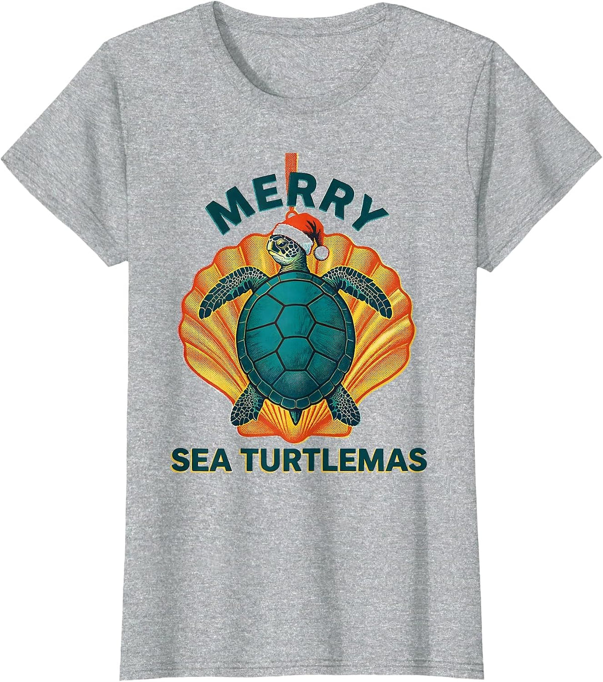 Women's Merry Sea Turtlemas Risograph Sea Turtle Lover Christmas T-Shirt - Heather Grey