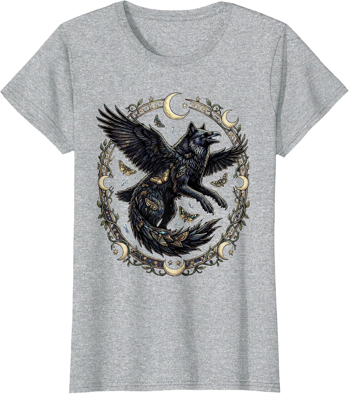 Raven Flock Wolf Silhouette Nature Art Design T-Shirt - Heather Grey