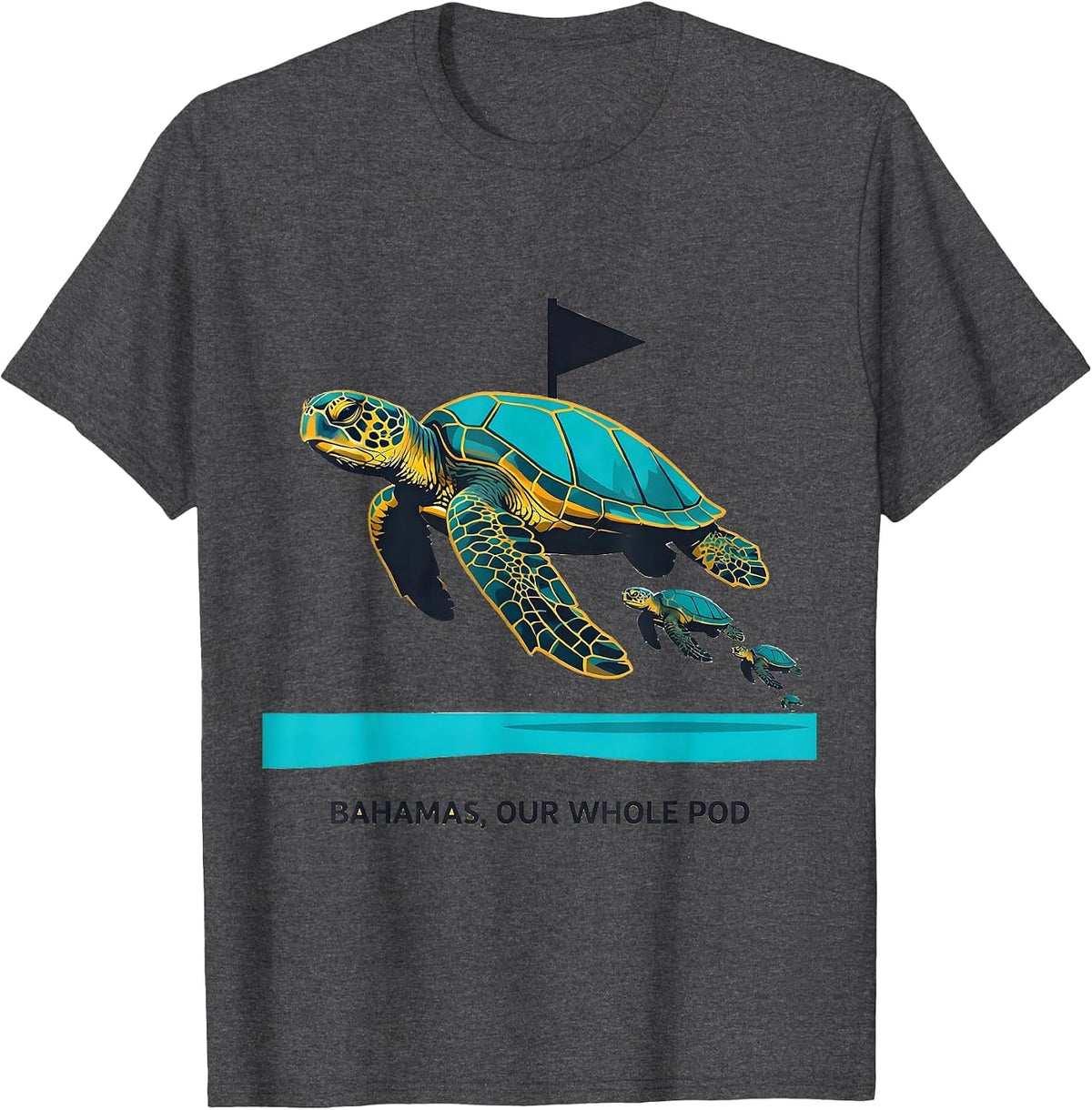 Bahamas, Our Whole Pod Flat Vector Sea Turtle Souvenir T-Shirt - Dark Heather Grey