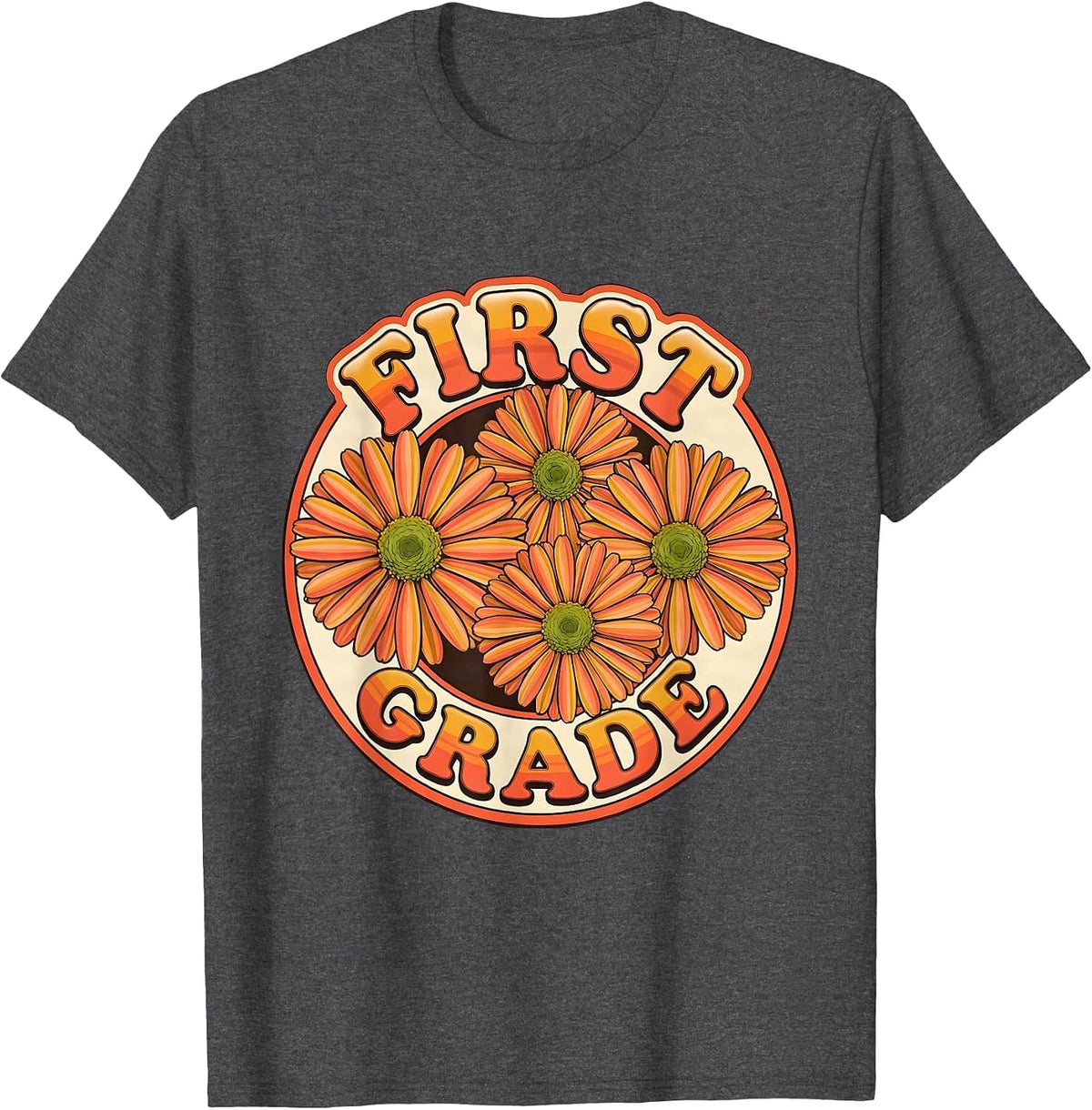 Men's FIRST GRADE Retro Flower Power Squared Back To School T-Shirt - Dark Heather Grey