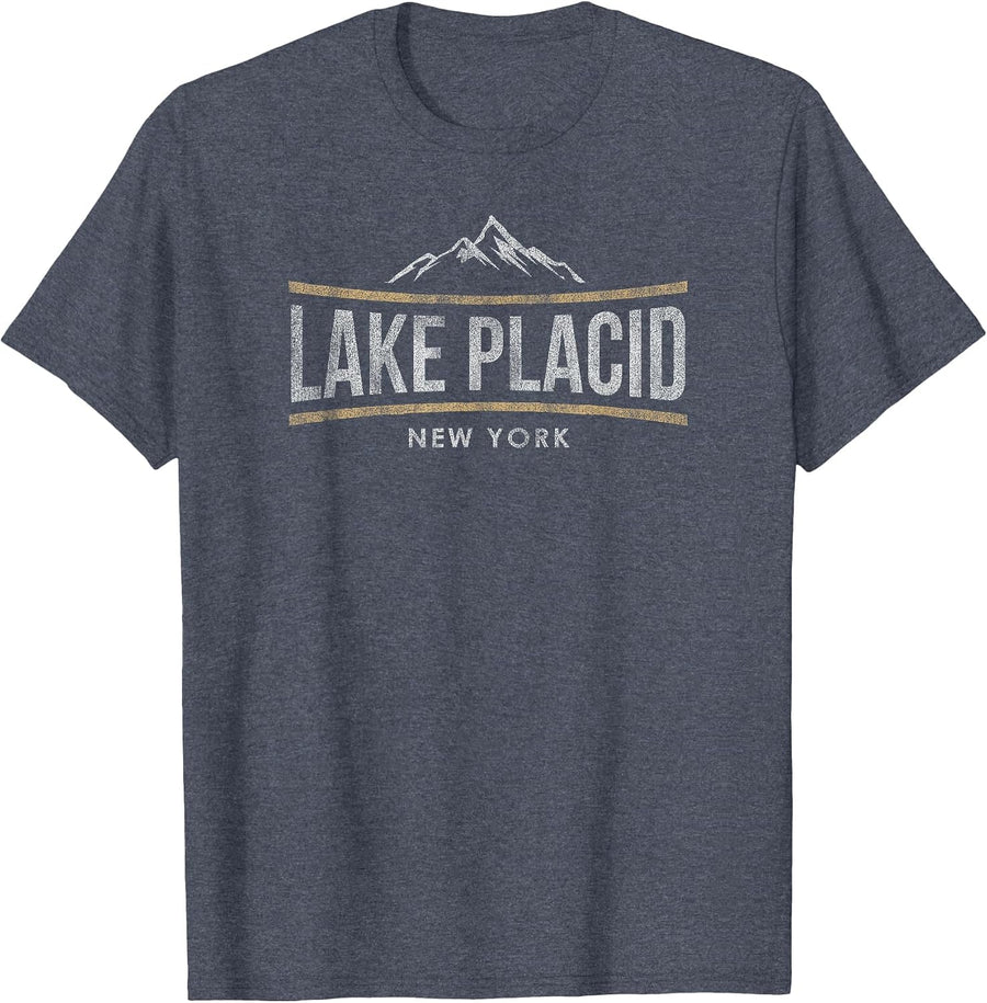 Retro Lake Placid New York Vintage Mountain Skiing Souvenir T-Shirt - Heather Blue