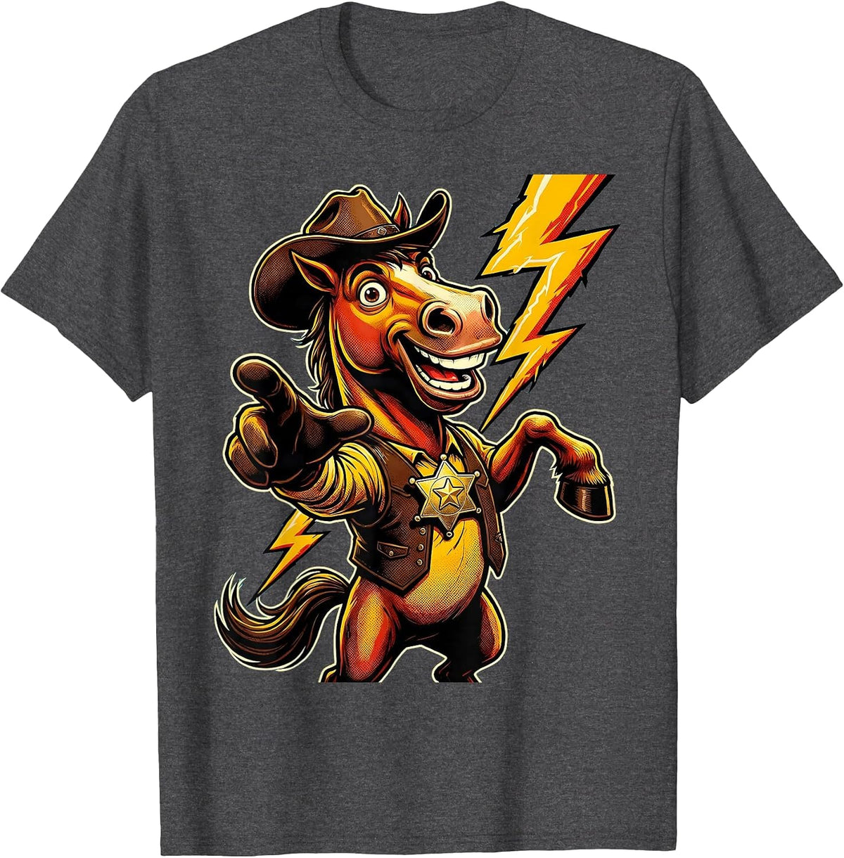 Rearing Horse Lightning Strike Cowboy Design T-Shirt - Dark Heather Grey
