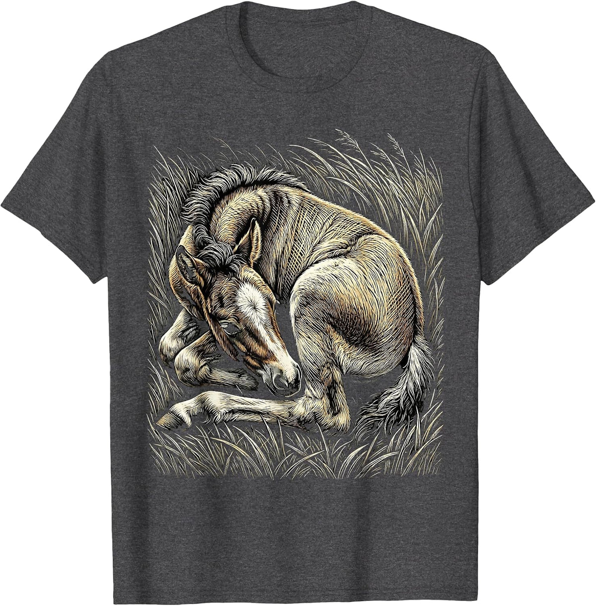 Sleeping Foal in Tall Grass Horse Lover Design T-Shirt - Dark Heather Grey