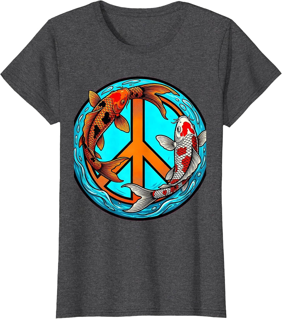 Women's Koi Fish Peace Sign Graphic Design T-Shirt - Dark Heather Grey
