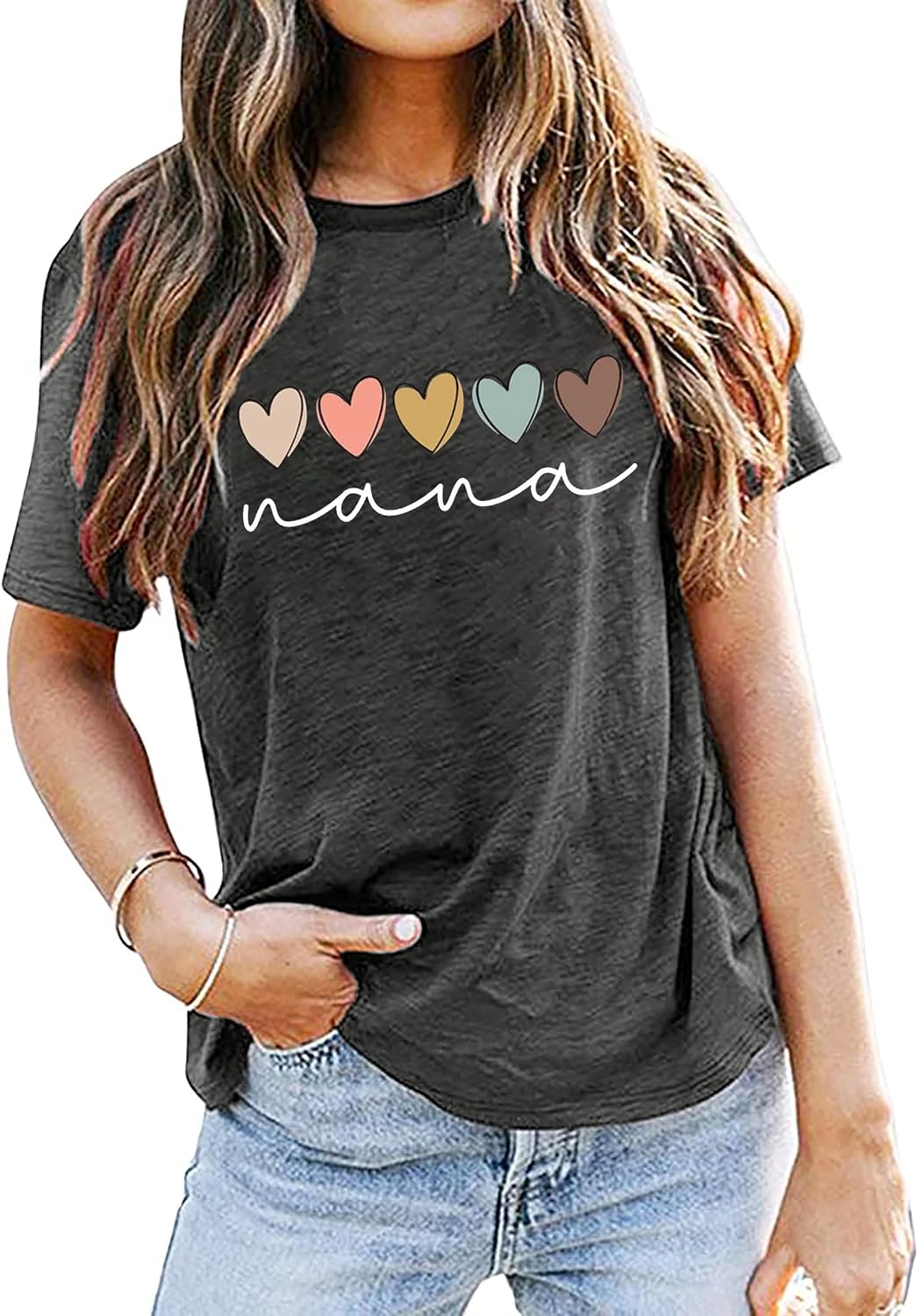 Nana T Shirt Women Funny Letter Print Love Heart Graphic Grandma Gift Tops Tees Casual Short Sleeve Shirts Top - Color Heart