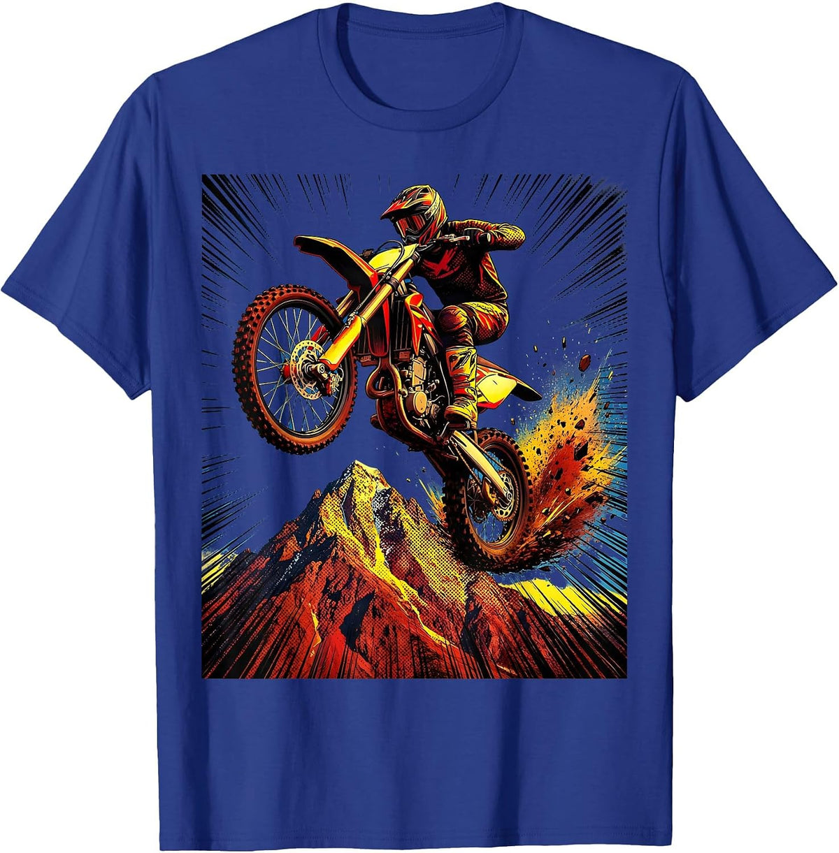 Motocross Bike Jumping Over Mountain Peak T-Shirt - Royal Blue