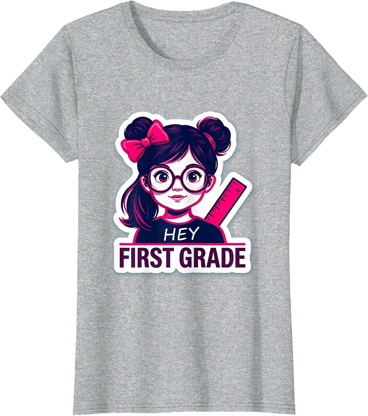 Women's Hey, First Grade Cute Messy Bun Back To School Girl T-Shirt - Heather Grey