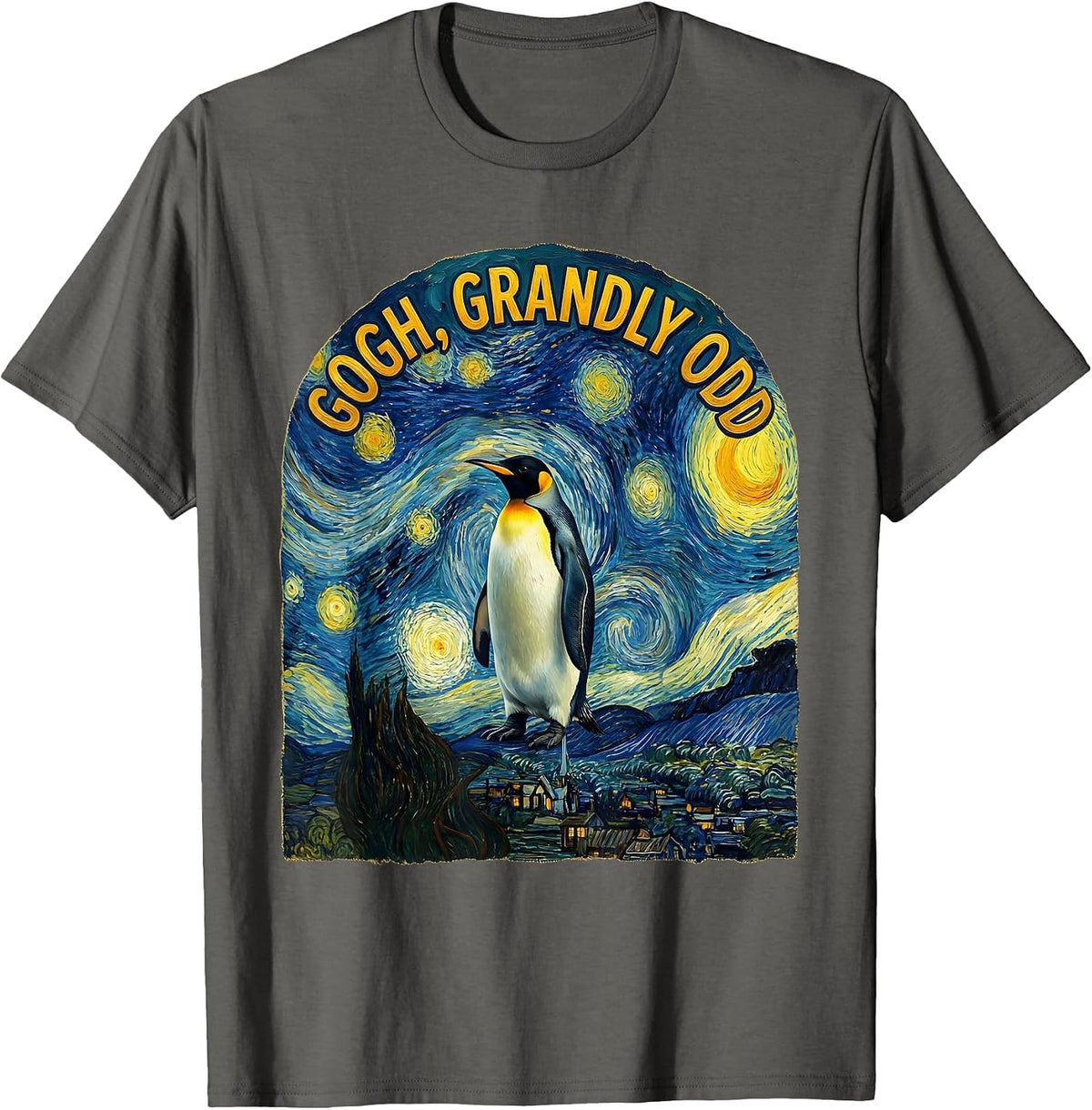 Men's Gogh, Grandly Odd Funny Van Gogh Art Penguin Lover Humor T-Shirt - Asphalt Grey