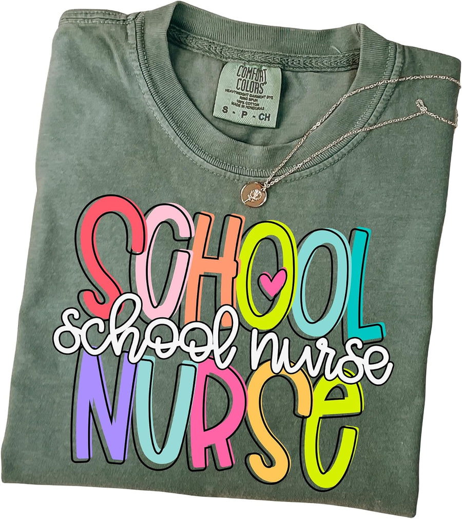 Daytee Retro School Nurse Design - Womens Garment-Dyed - Sage Green Colorful Back to School Graphic Tee - As Pictured