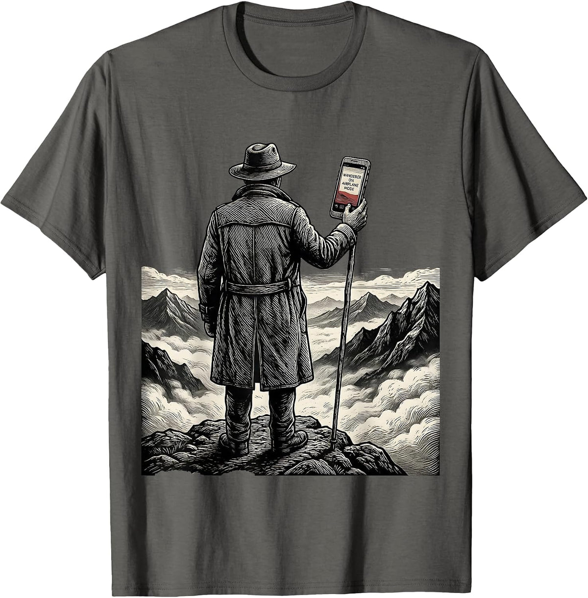 Men's Wanderer On Airplane Mode Woodcut Engraving Art History T-Shirt - Asphalt Grey