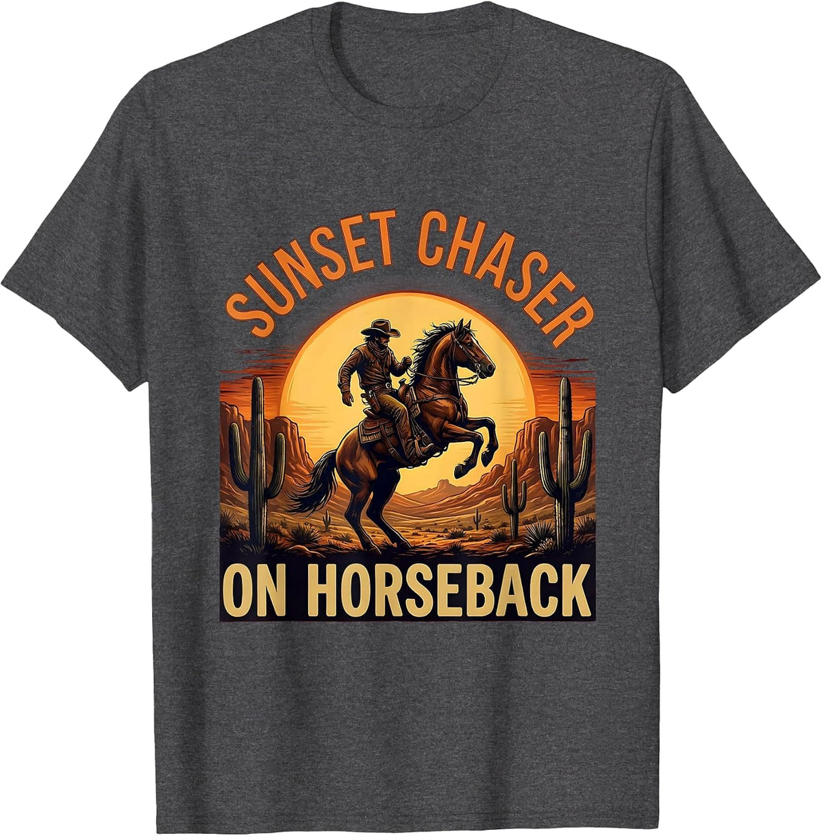 Sunset Chaser On Horseback Cowboy Design T-Shirt - Dark Heather Grey