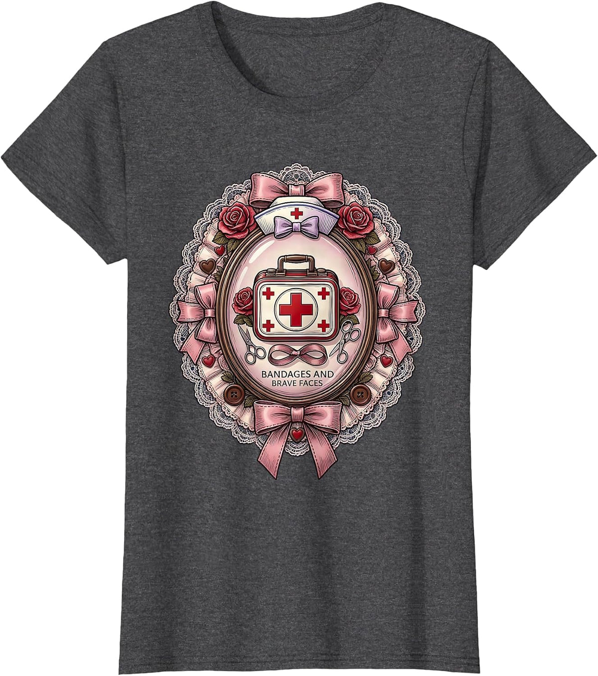 Women's Bandages and Brave Faces School Nurse Design T-Shirt - Dark Heather Grey