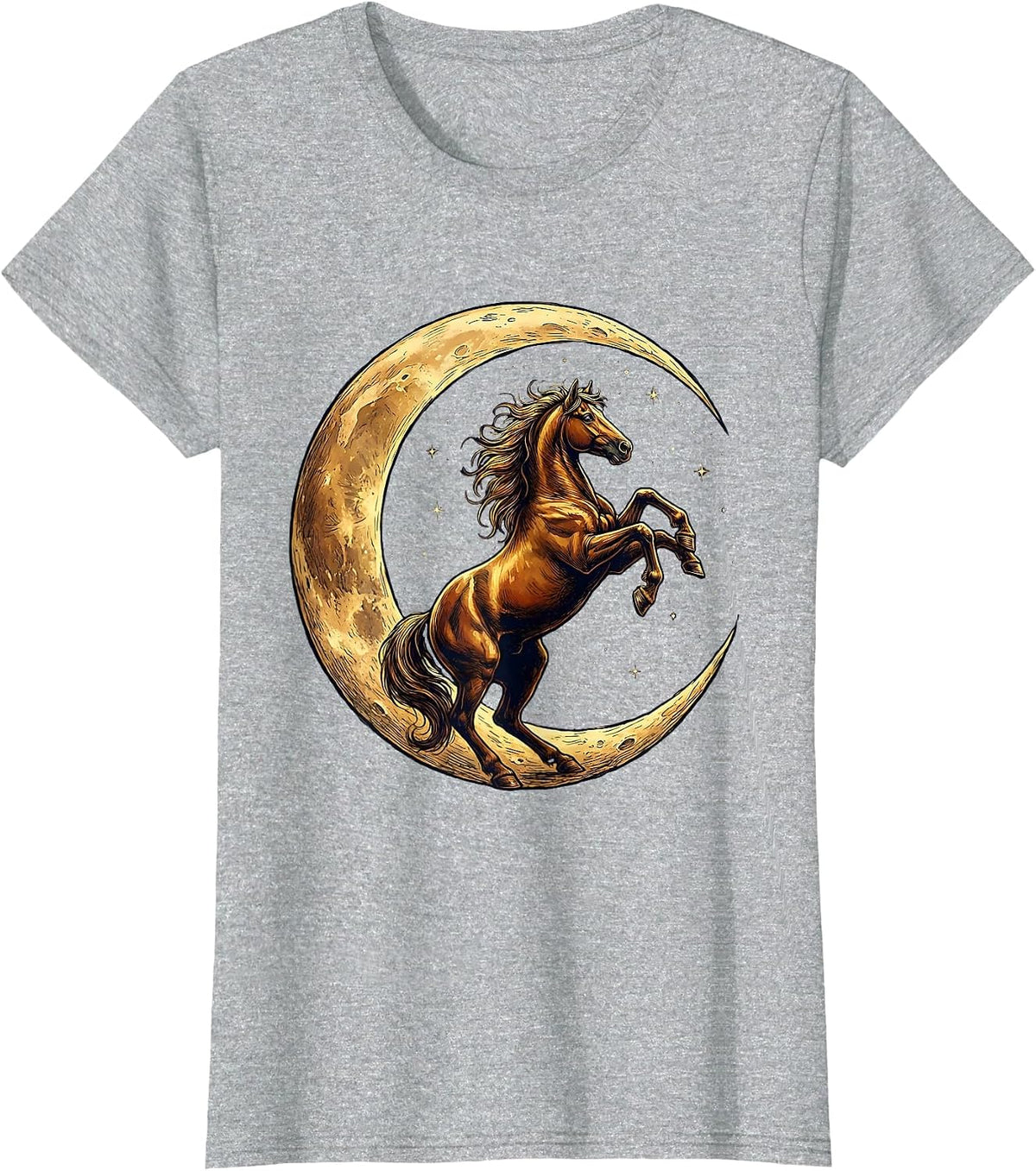 Rearing Horse Crescent Moon Celestial Art Design T-Shirt - Heather Grey