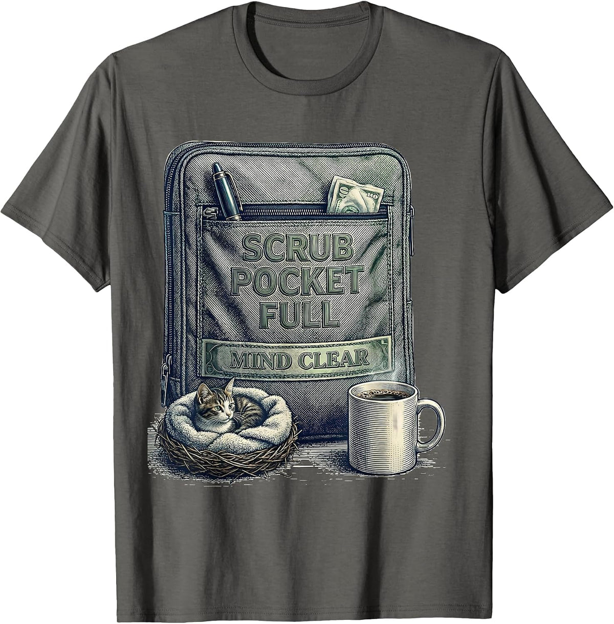 Scrub Pocket Full Mind Clear Funny Vet Tech Veterinary T-Shirt - Asphalt Grey