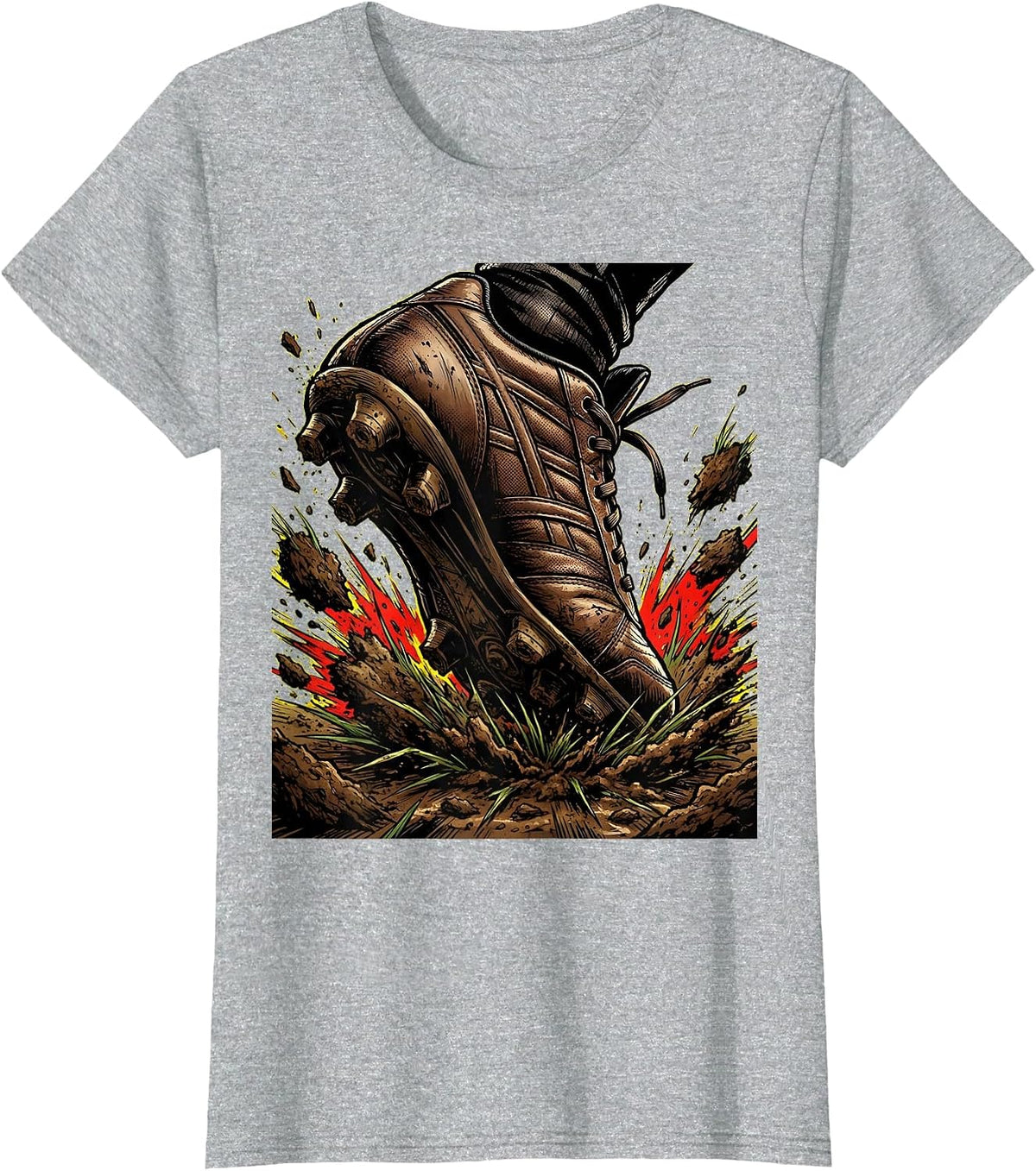 Rugby Muddy Boots Stomping Grass Illustration T-Shirt - Heather Grey