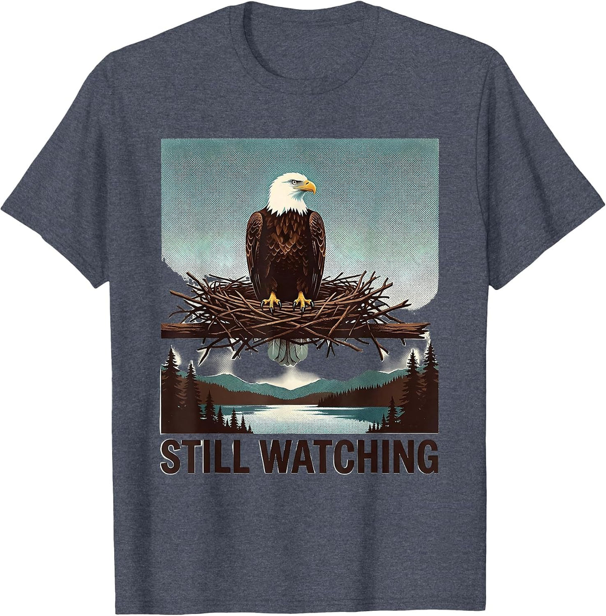 Still Watching Risograph Bald Eagle Big Bear Lake Memorial T-Shirt - Heather Blue