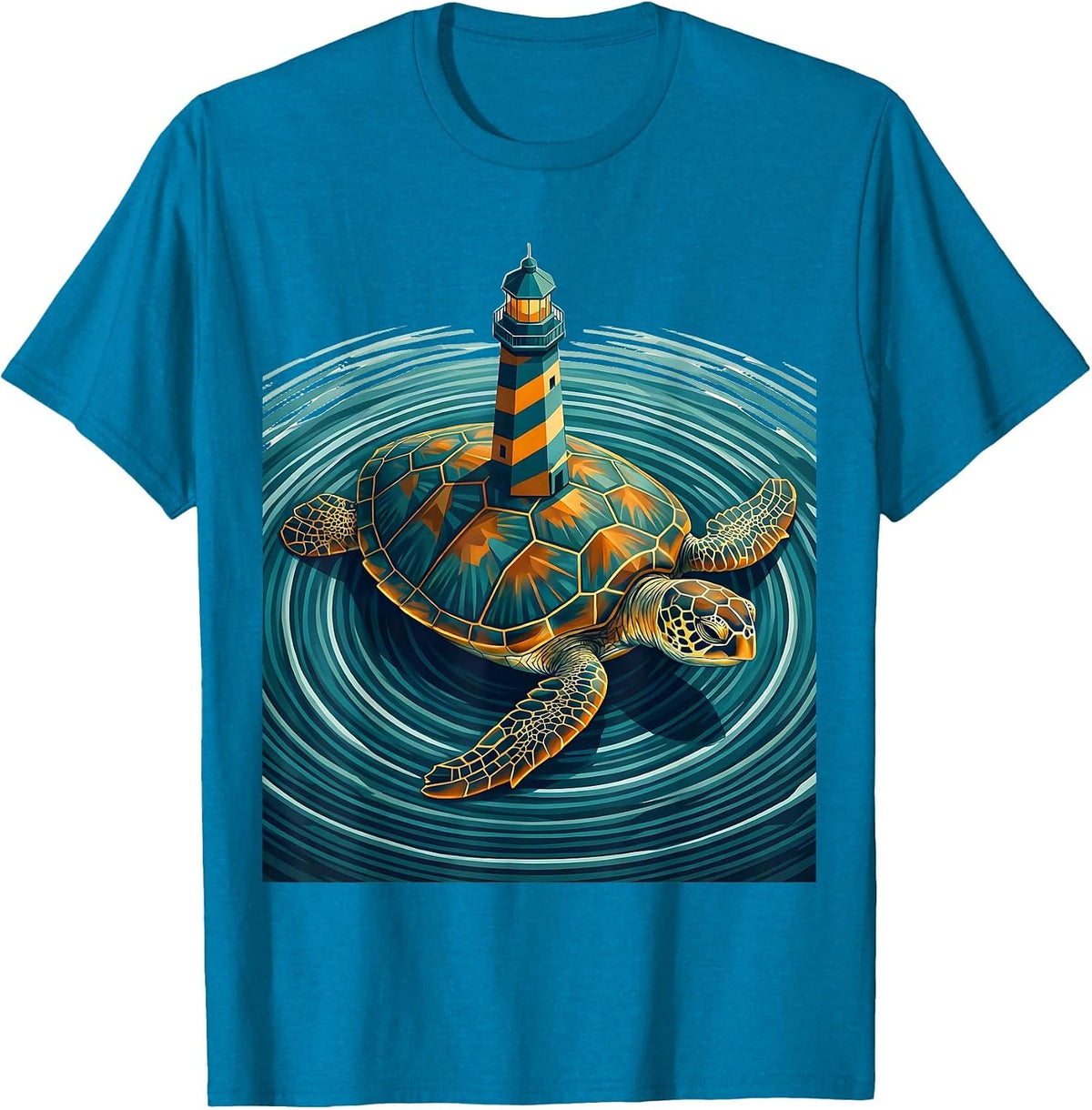 Giant Sea Turtle With Lighthouse On Back T-Shirt - Sapphire Blue