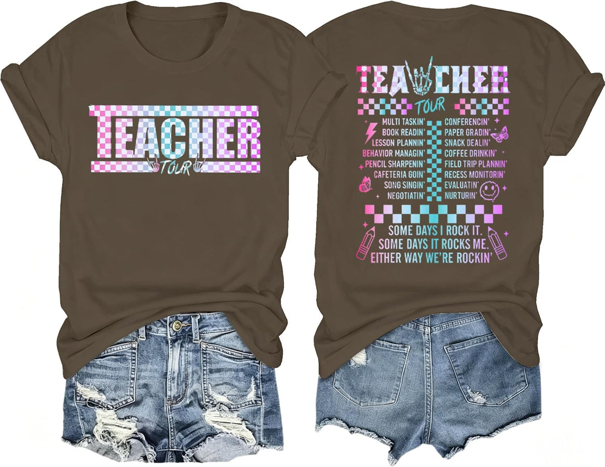 Teacher Shirts for Women Back to School Teaching Life Tee Tops - Brown