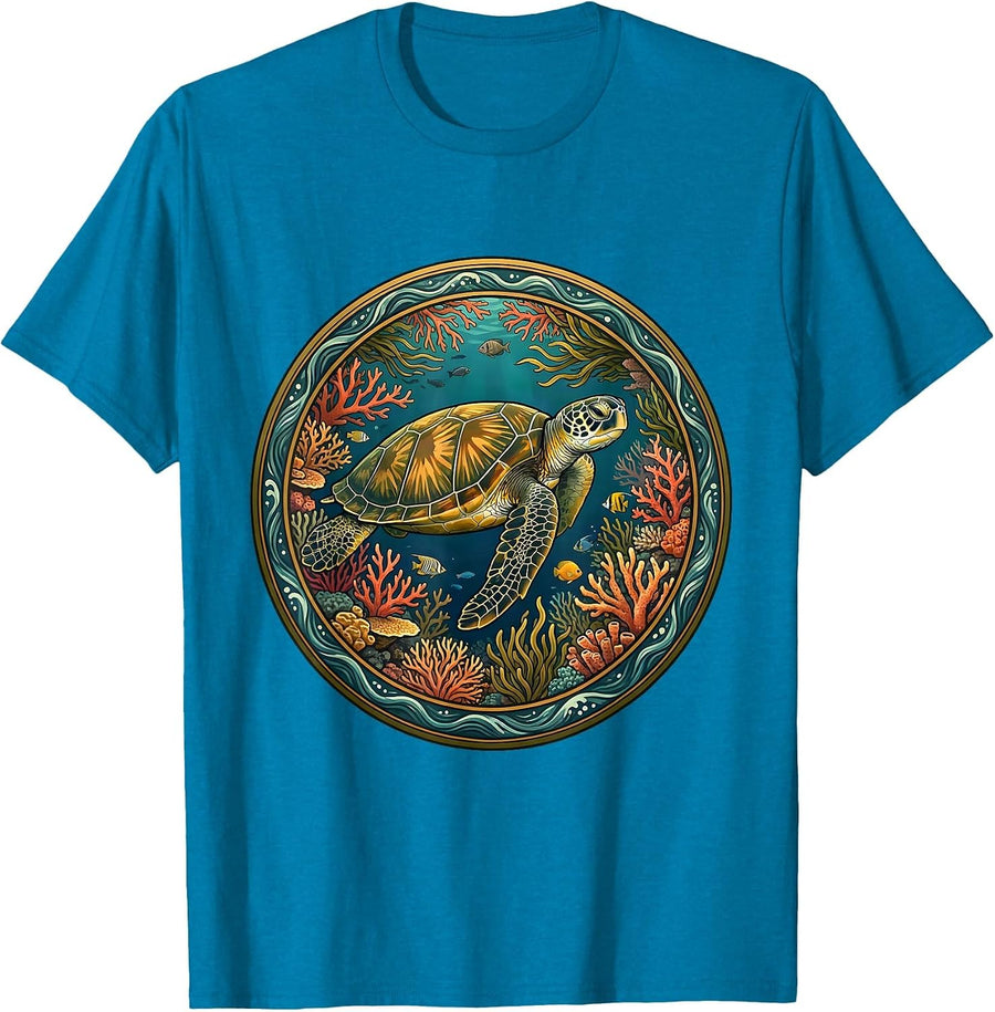 Aloha Sea Turtle Coral Reef Gliding Ocean Art T-Shirt - Sapphire Blue