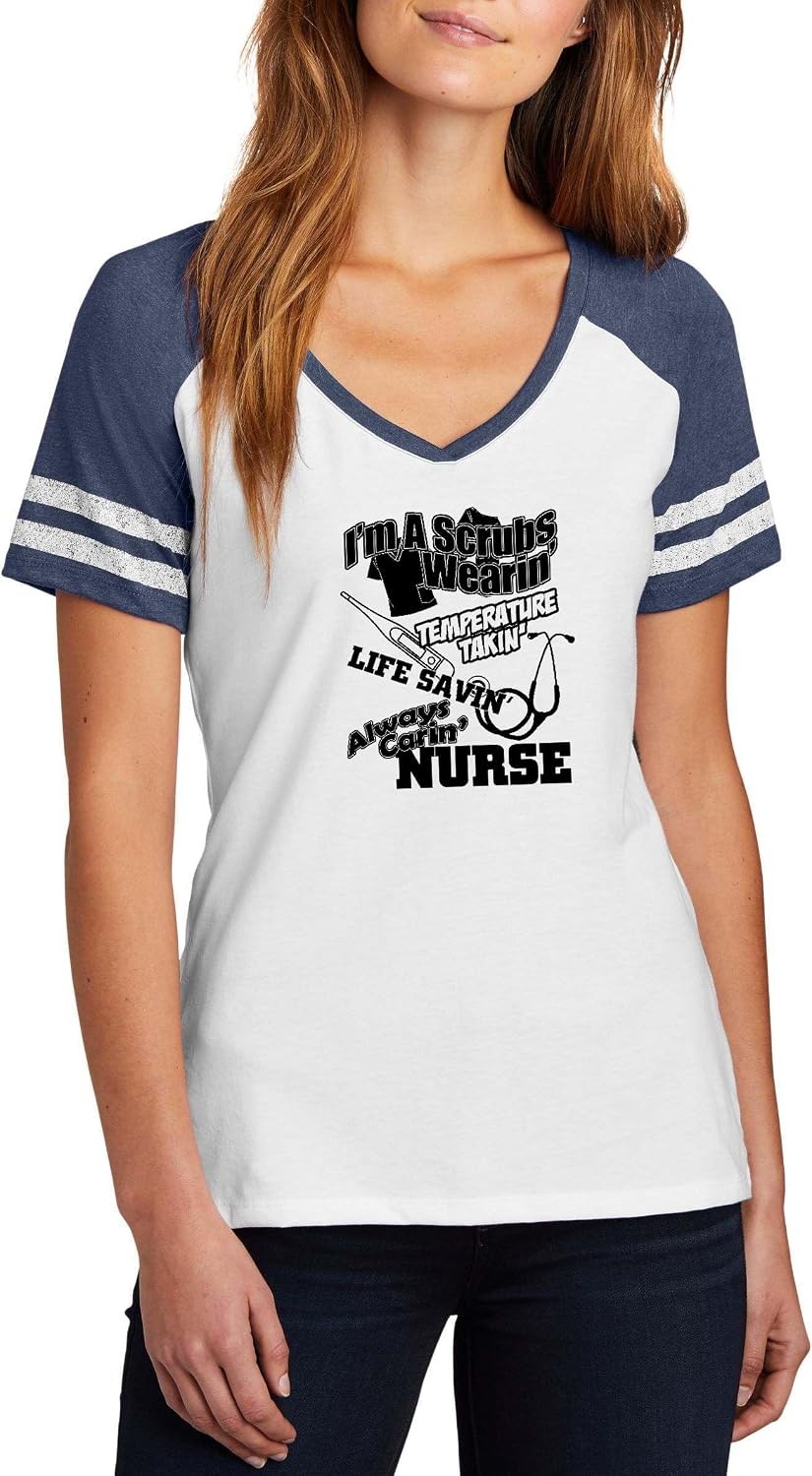Funny Nurse Quote Graphic Top Scrubs Wearin' Temperature Takin' Life Savin' Nurse Design Ladies Game Day V-Neck Tee - Ladies