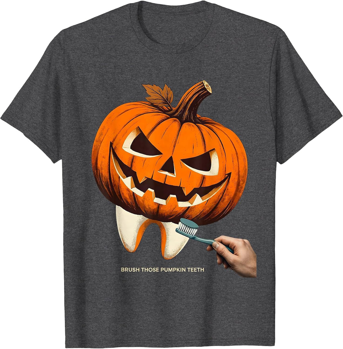 Men's Brush Those Pumpkin Teeth Funny Dental Hygienist Halloween T-Shirt - Dark Heather Grey