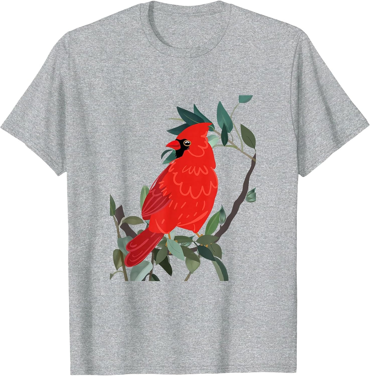 Northern Cardinal, Red Bird on Tree Branch T-Shirt - Heather Grey
