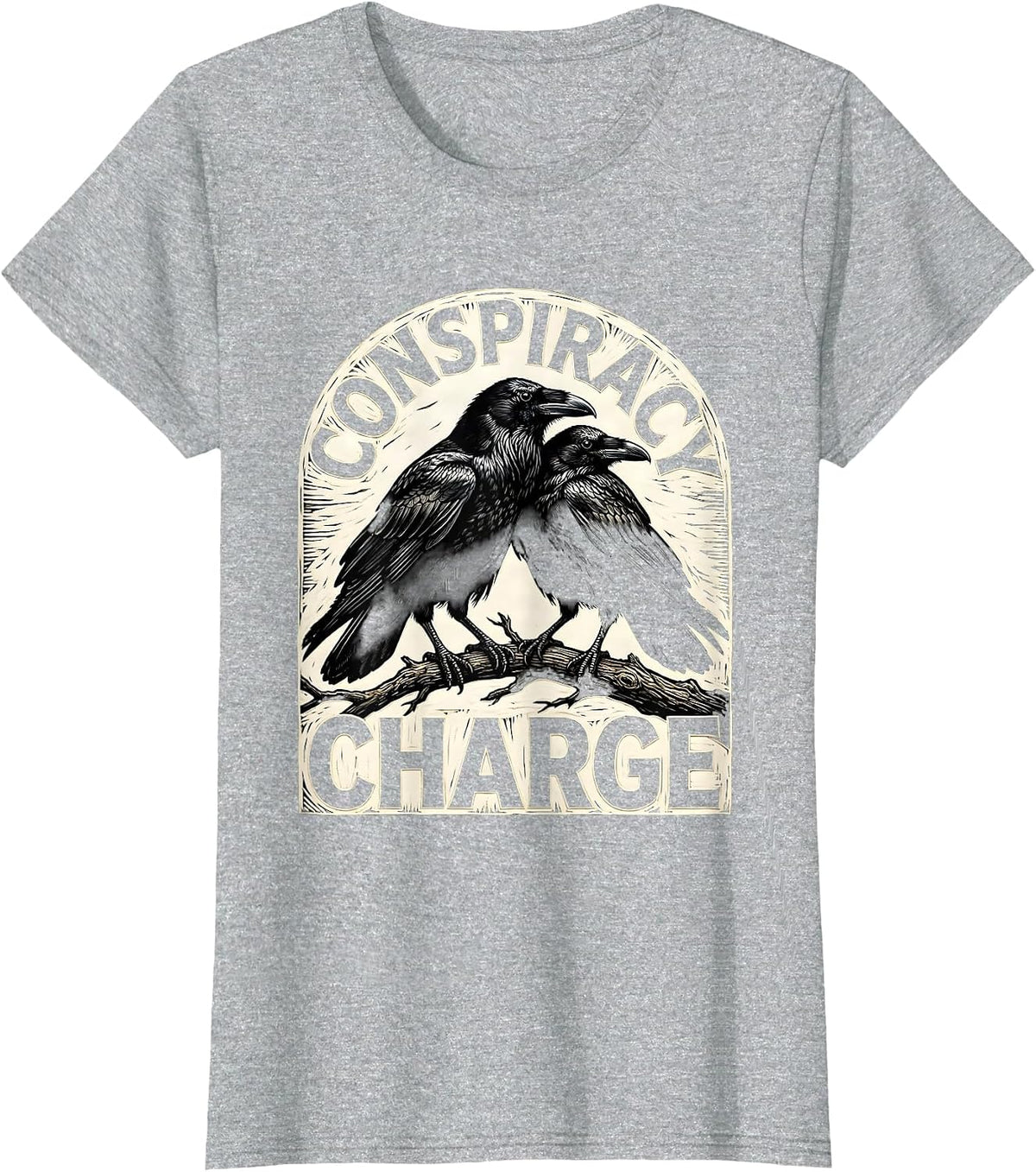 Conspiracy Charge Woodcut Engraving Crow Lover Literary T-Shirt - Heather Grey