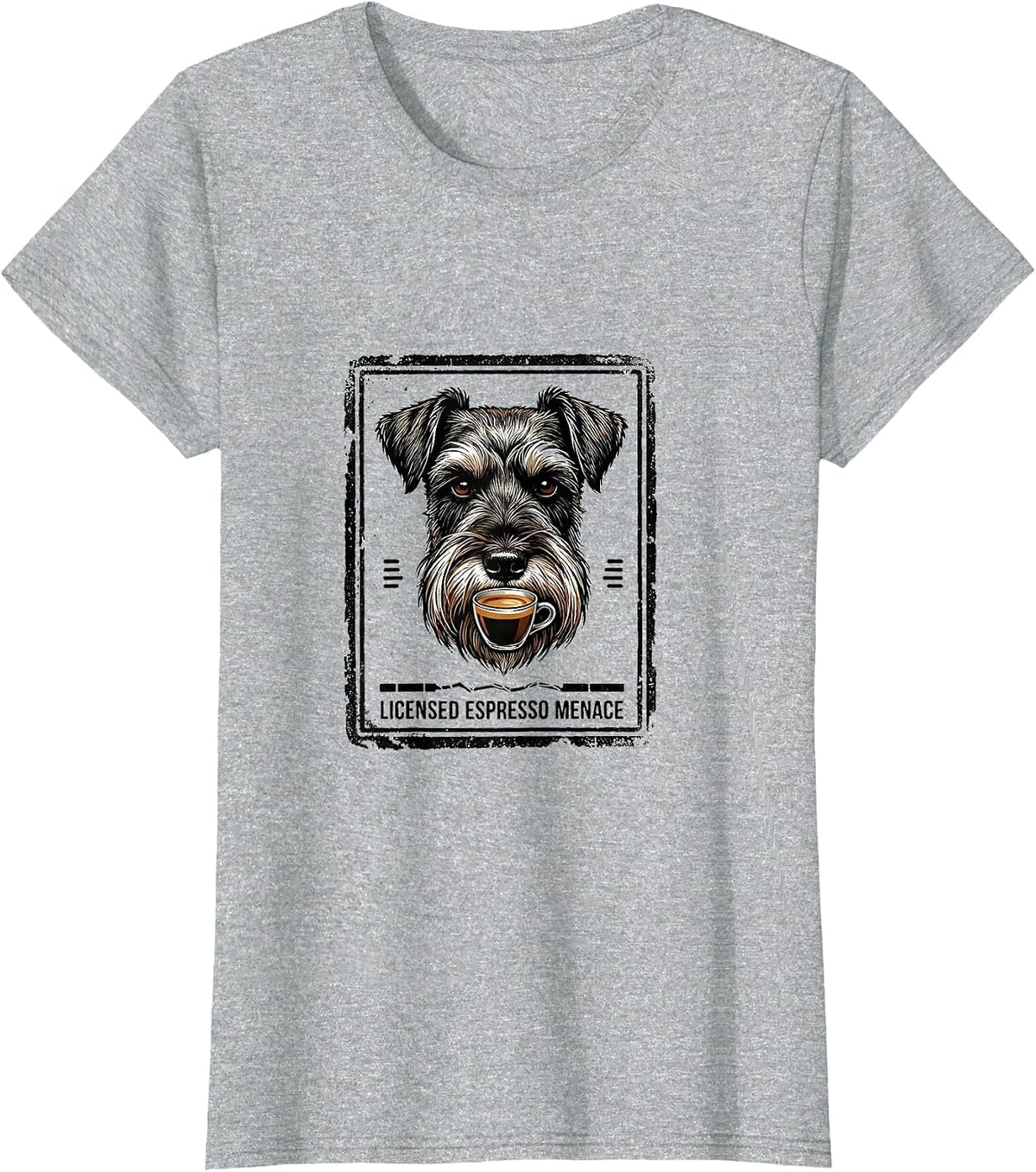 Women's Licensed Espresso Menace Funny Miniature Schnauzer Dog Meme T-Shirt - Heather Grey
