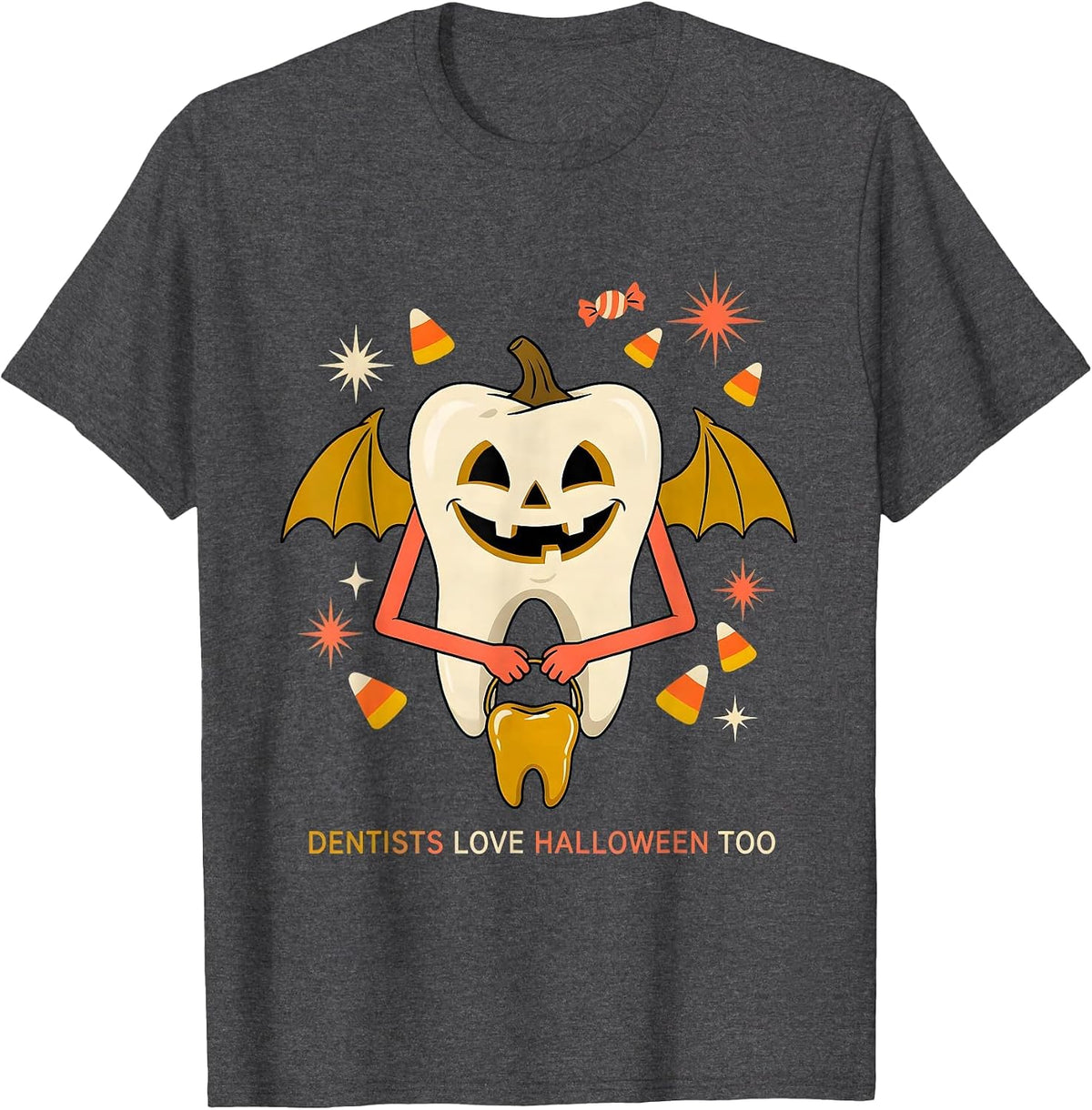 Men's Dentists Love Halloween Too Funny Dental Design T-Shirt - Dark Heather Grey