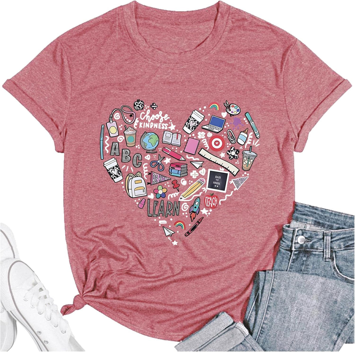 Teacher Shirt Women Teaching T-Shirt Funny Heart Graphic Tee Top Cute Kindergarten Teachers T-Shirt - Pink
