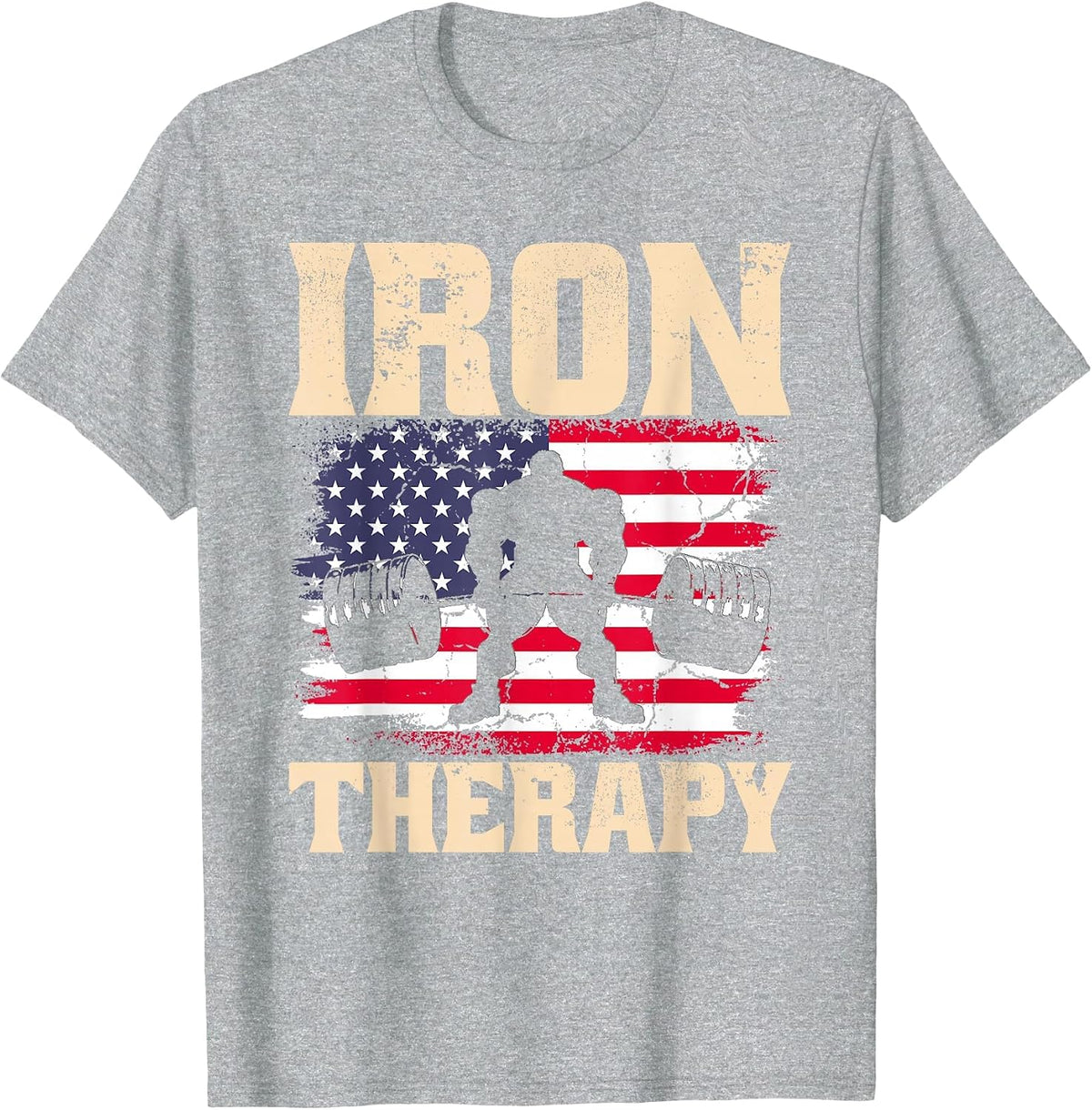 Iron Therapy Gym Deadlift Powerlift with USA American Flag T-Shirt - Heather Grey