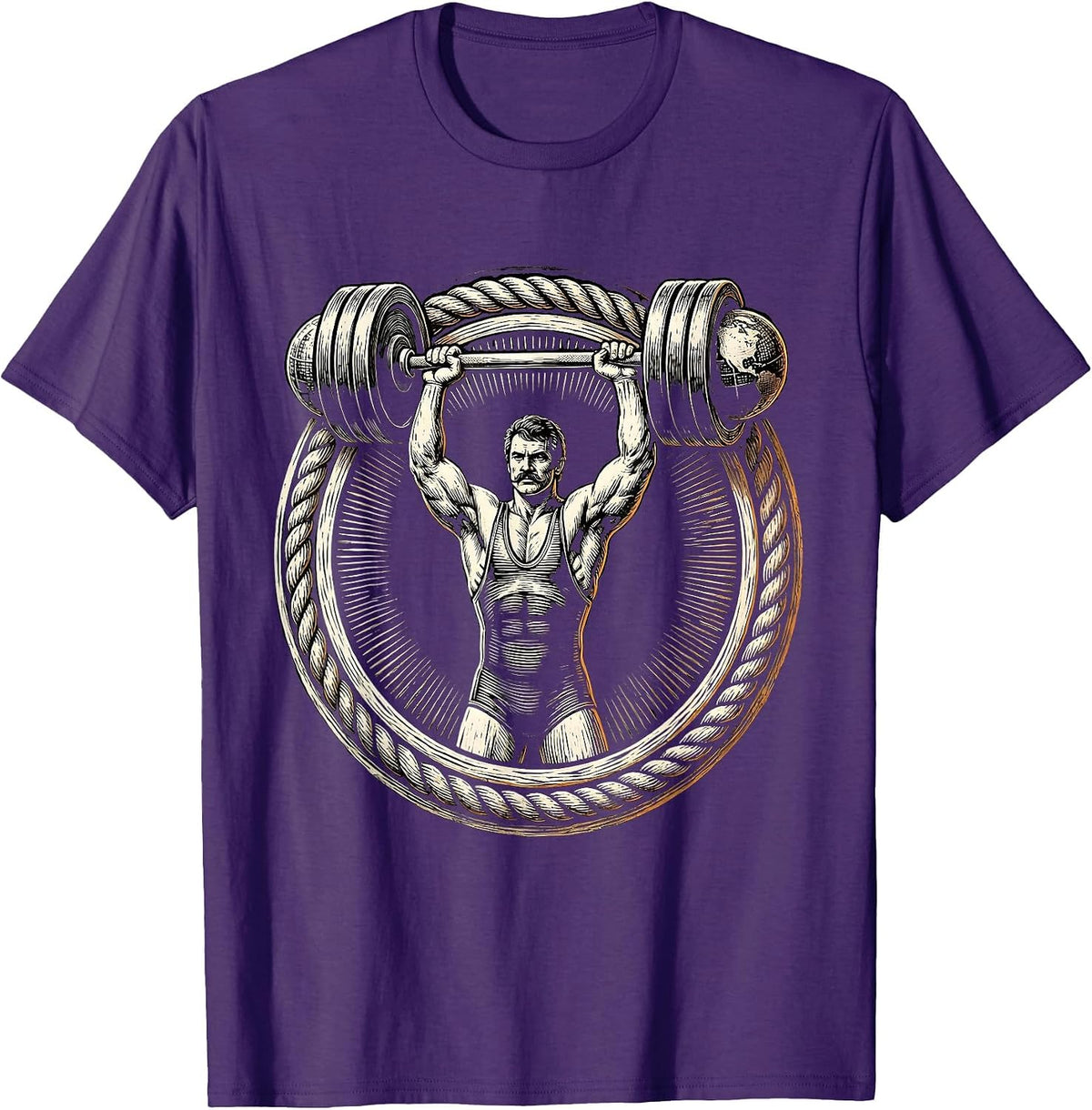 Retro Strongman Mustachioed Dumbbell Lifter T-Shirt - Purple