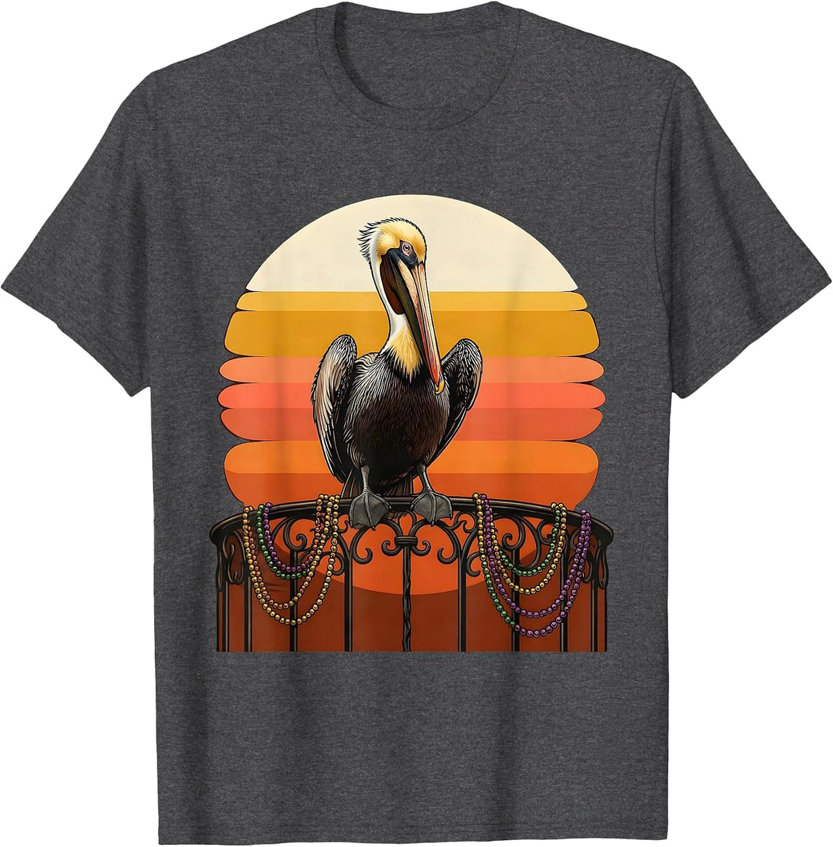 Men's Mardi Gras Pelican Balcony Beads Illustration T-Shirt - Dark Heather Grey