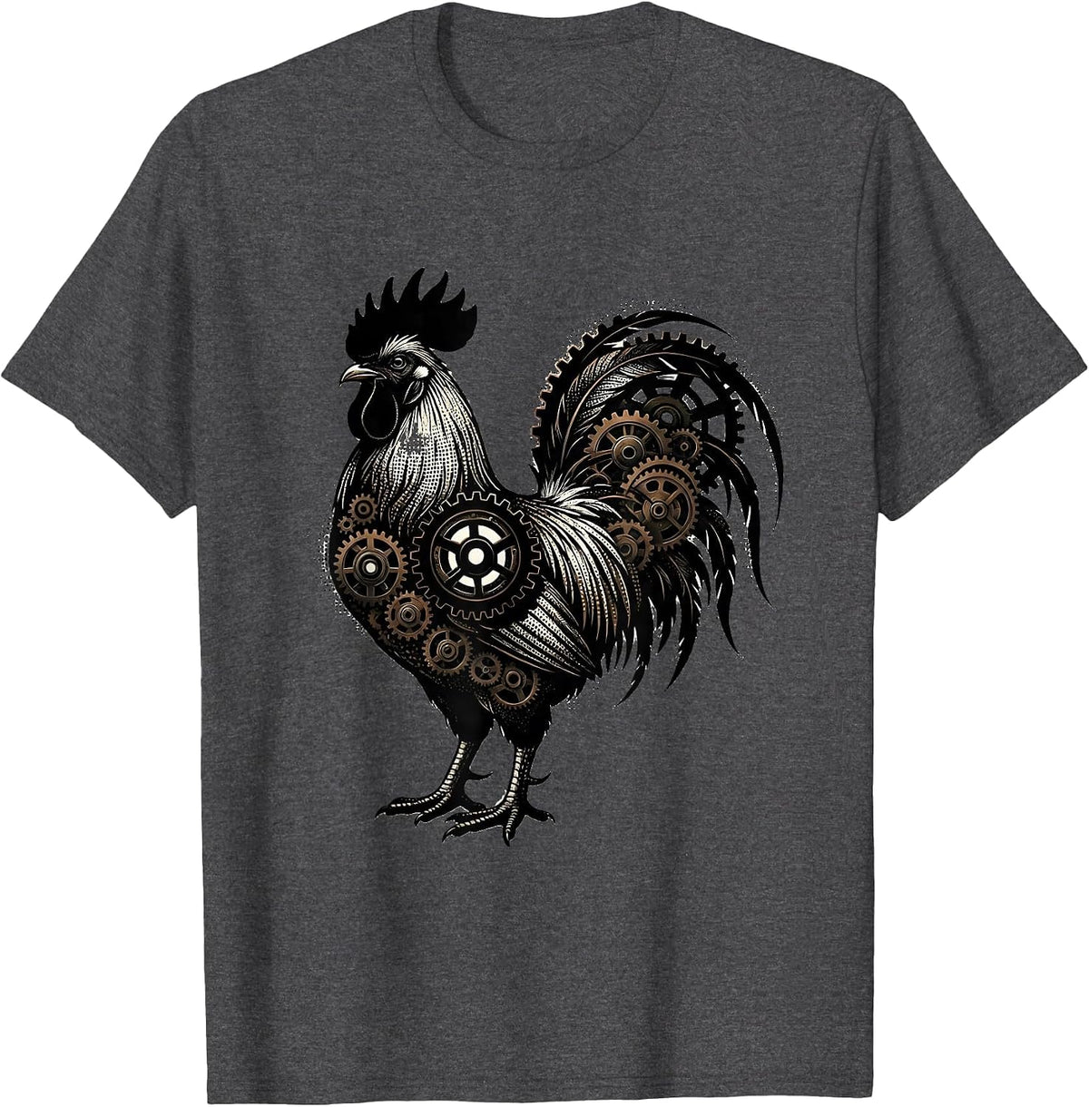 Men's Rooster Gear Illustration Mechanical Art Design T-Shirt - Dark Heather Grey
