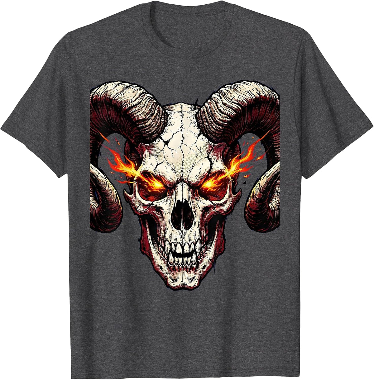 Horned Demon Skull With Burning Eyes Halloween T-Shirt - Dark Heather Grey