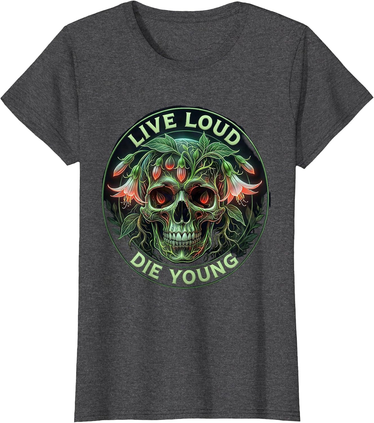Women's Live Loud Die Young 80s Rock Band Design T-Shirt - Dark Heather Grey