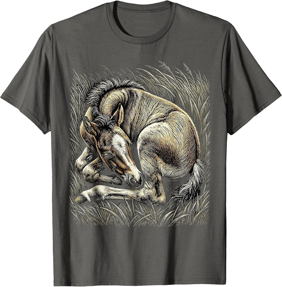 Sleeping Foal in Tall Grass Horse Lover Design T-Shirt - Asphalt Grey