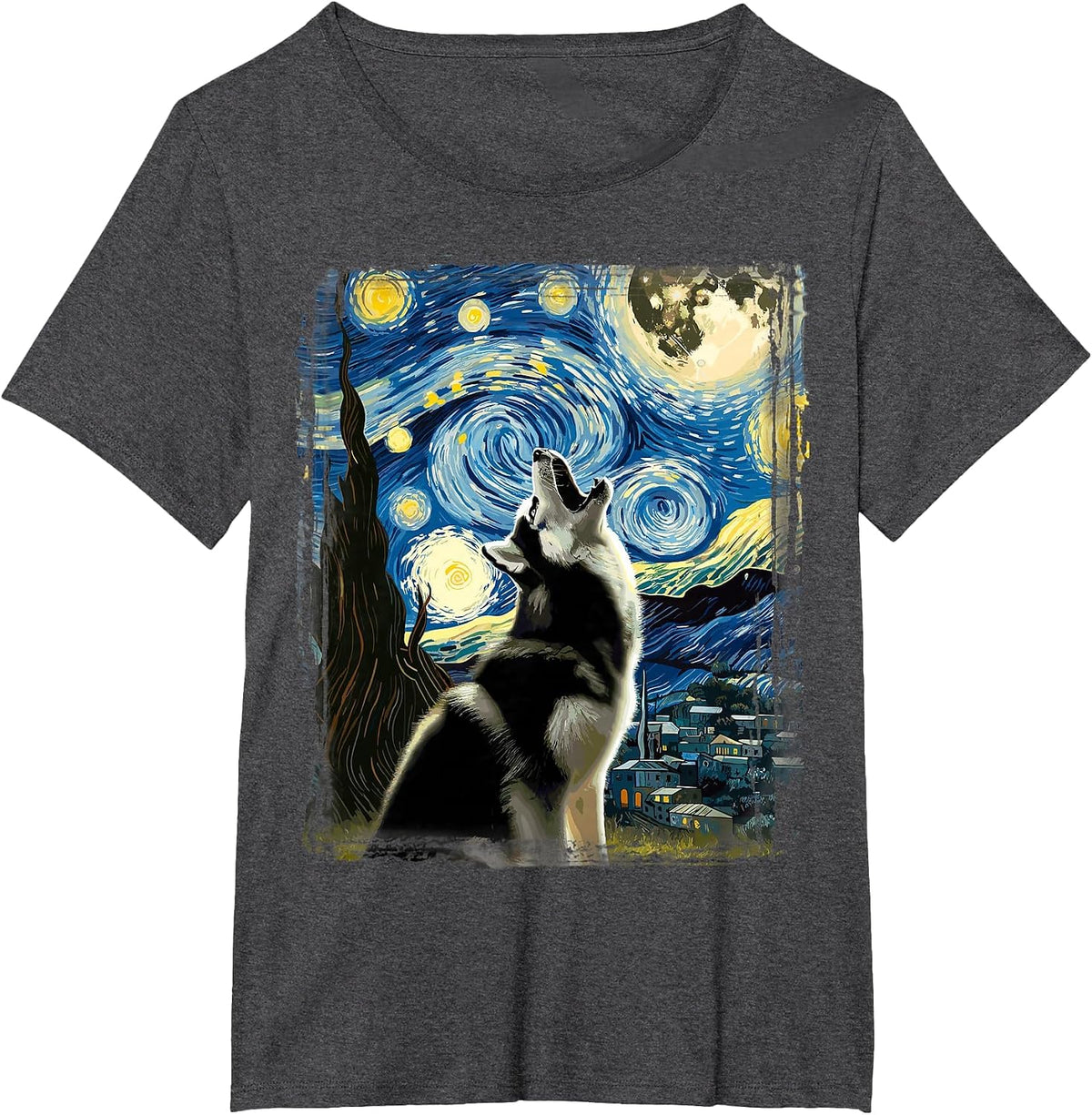 Siberian Husky Dog Art Van Gogh Starry Night Siberian Husky T-Shirt - Dark Heather Grey