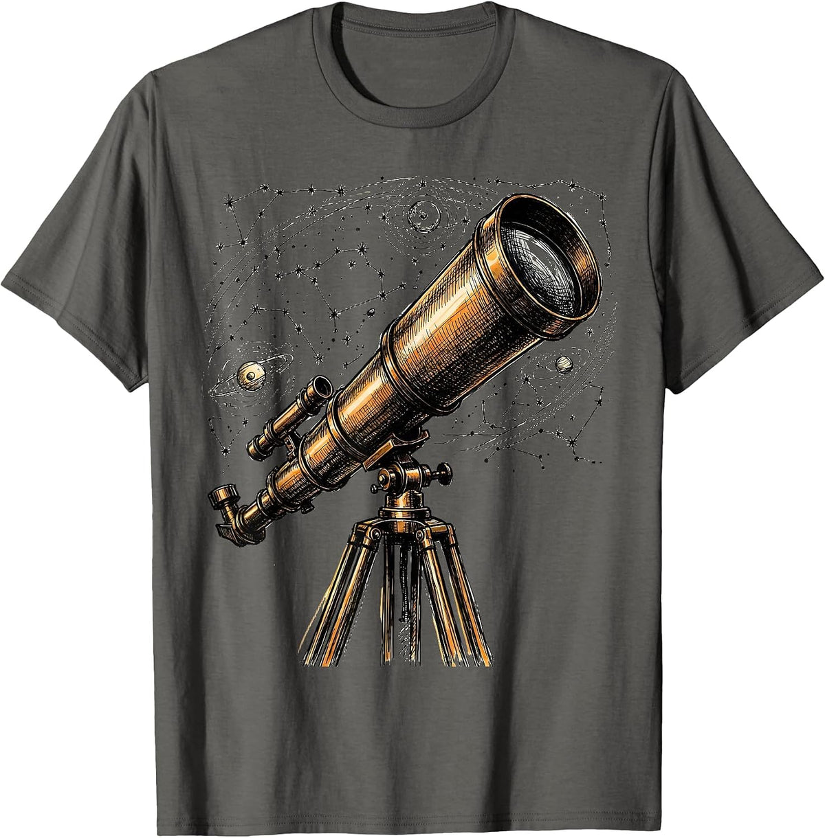 Telescope and Constellation Map Astronomy Art T-Shirt - Asphalt Grey