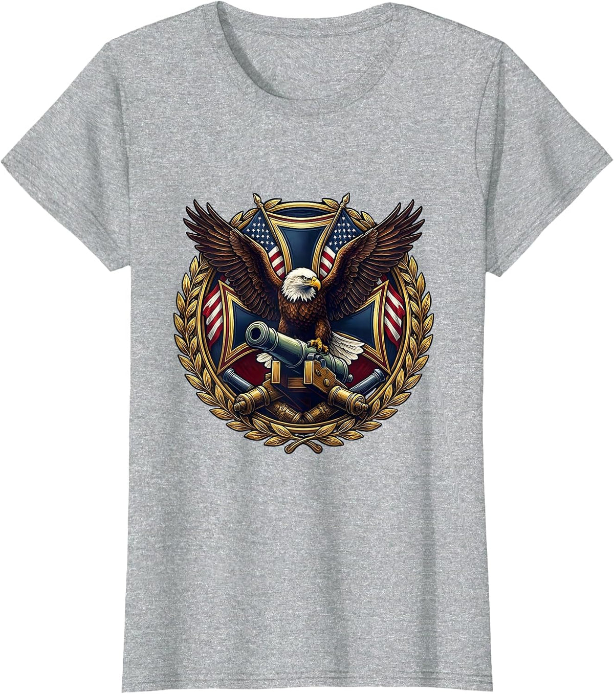 Women's Bald Eagle Perched on Artillery Cannon Patriotic T-Shirt - Heather Grey
