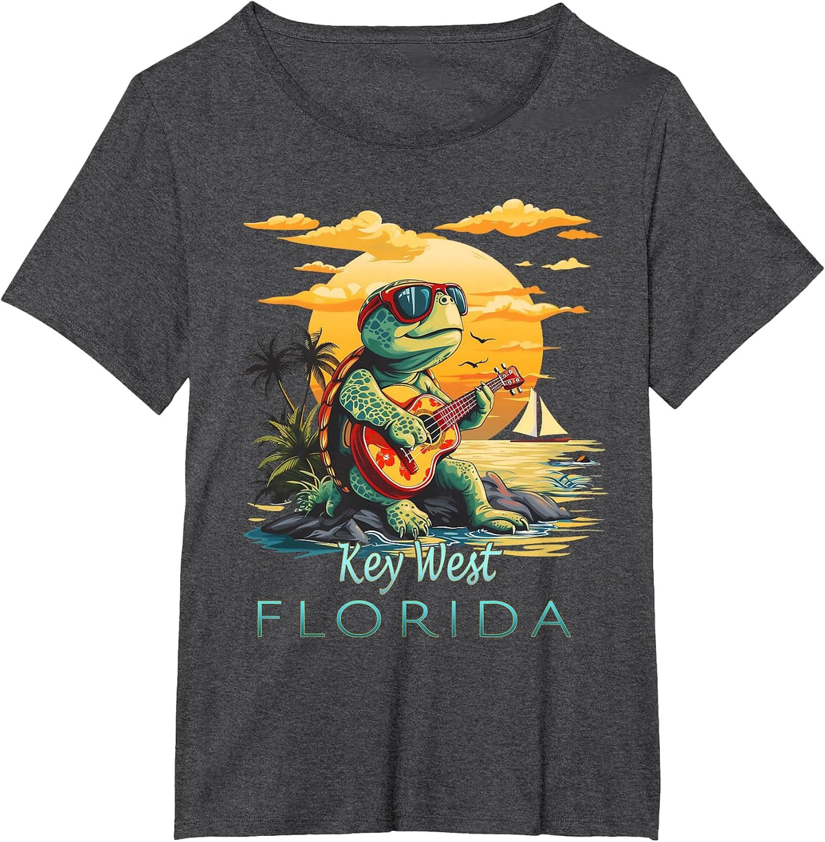 Key West Florida Keys Vacation Turtle T-Shirt - Dark Heather Grey