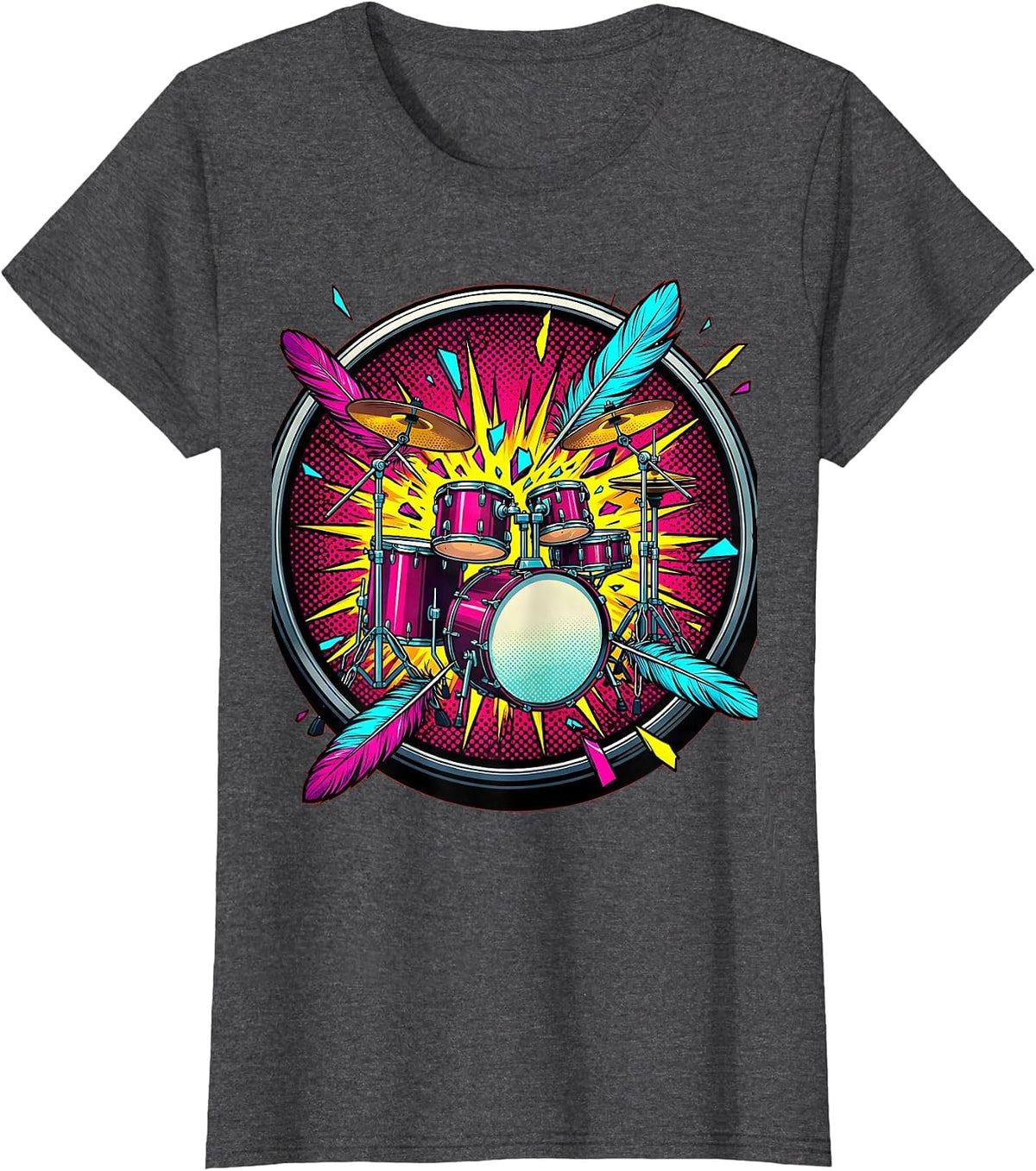 Women's Drum Kit Feather Explosion Music Art Design T-Shirt - Dark Heather Grey