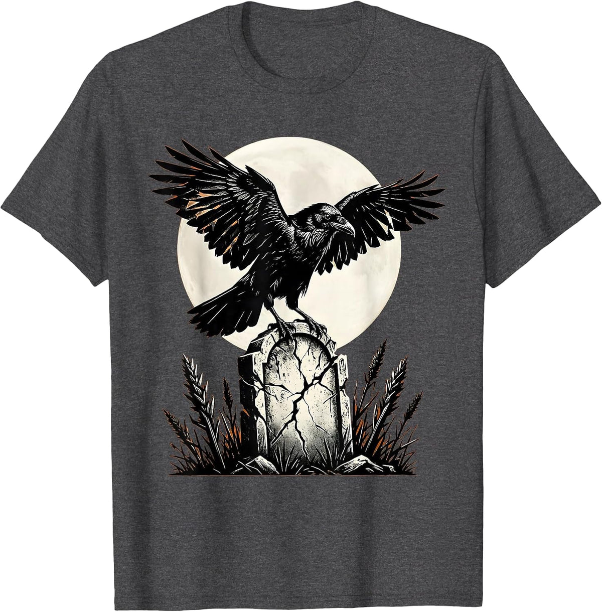 Raven on Gravestone Halloween Gothic Design T-Shirt - Dark Heather Grey