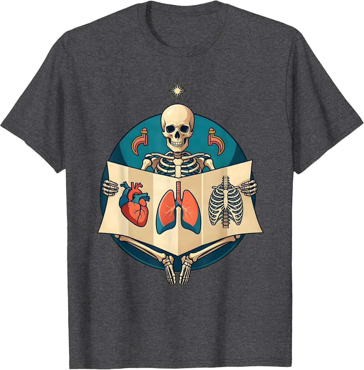 School Nurse Skeleton Anatomy Chart Graphic T-Shirt - Dark Heather Grey