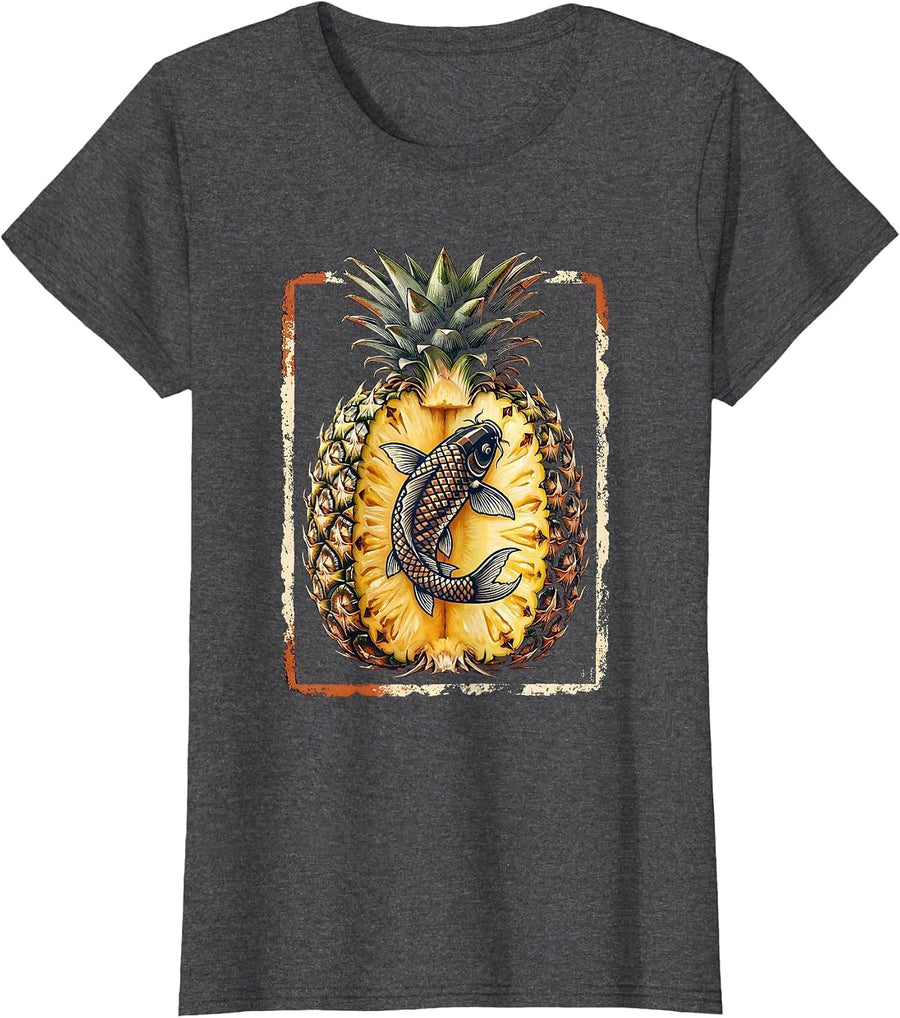 Women's Pineapple Koi Fish Split Fruit Graphic Design T-Shirt - Dark Heather Grey