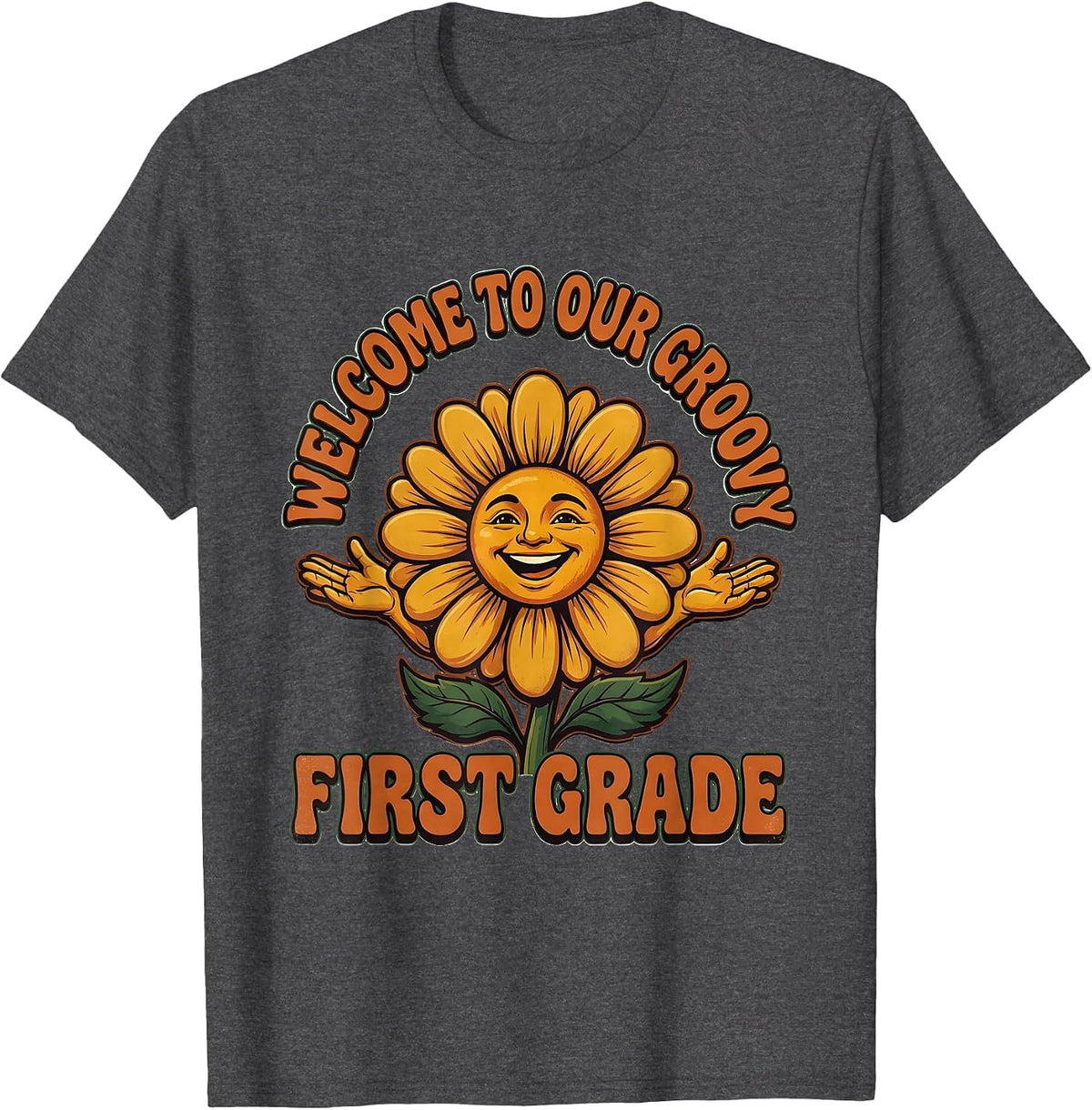Welcome To Our Groovy First Grade Vintage Retro Back T-Shirt - Dark Heather Grey