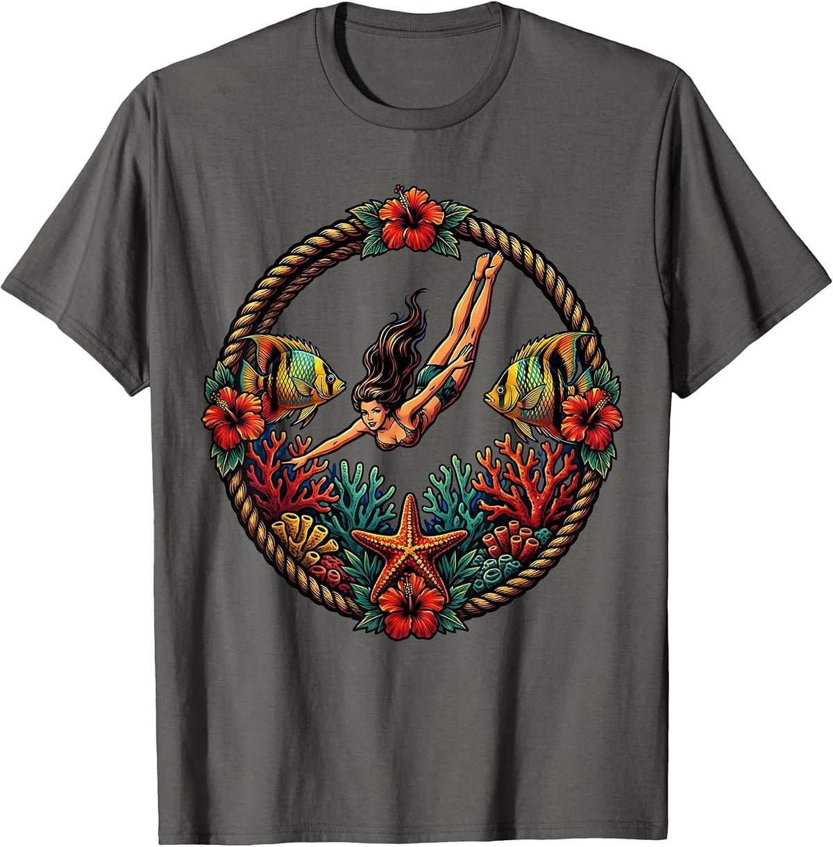 Men's Hawaiian Girl Diving Coral Reef Graphic Design T-Shirt - Asphalt Grey